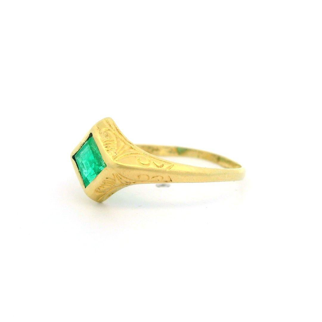 Square Cut Antique 14k Yellow Gold Square Step Cut Emerald Hand Engraved Ring Size 4.5 For Sale