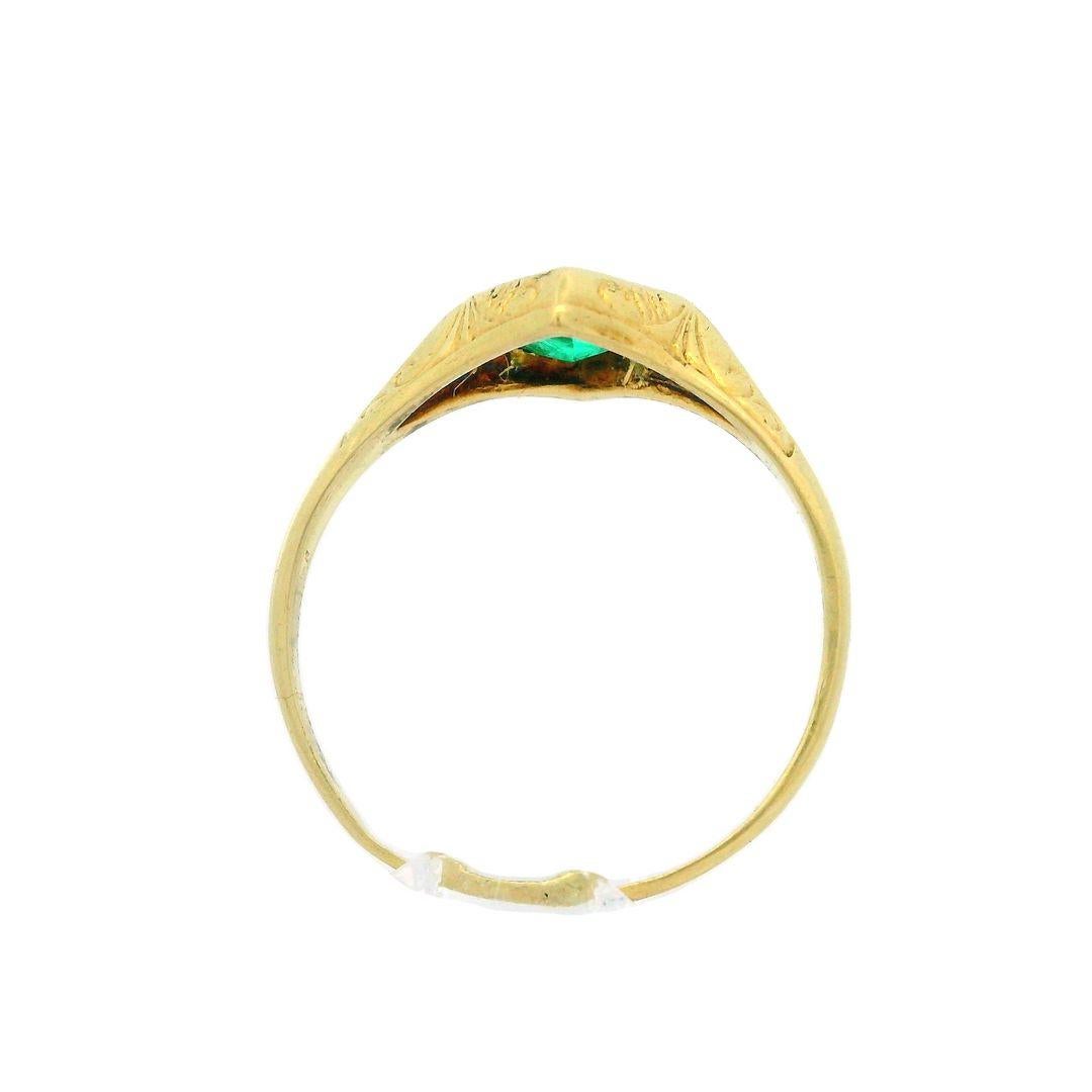 Antique 14k Yellow Gold Square Step Cut Emerald Hand Engraved Ring Size 4.5 For Sale 1