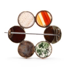 Antique 14K Yellow Gold & Sterling Silver Agate Circle Brooch