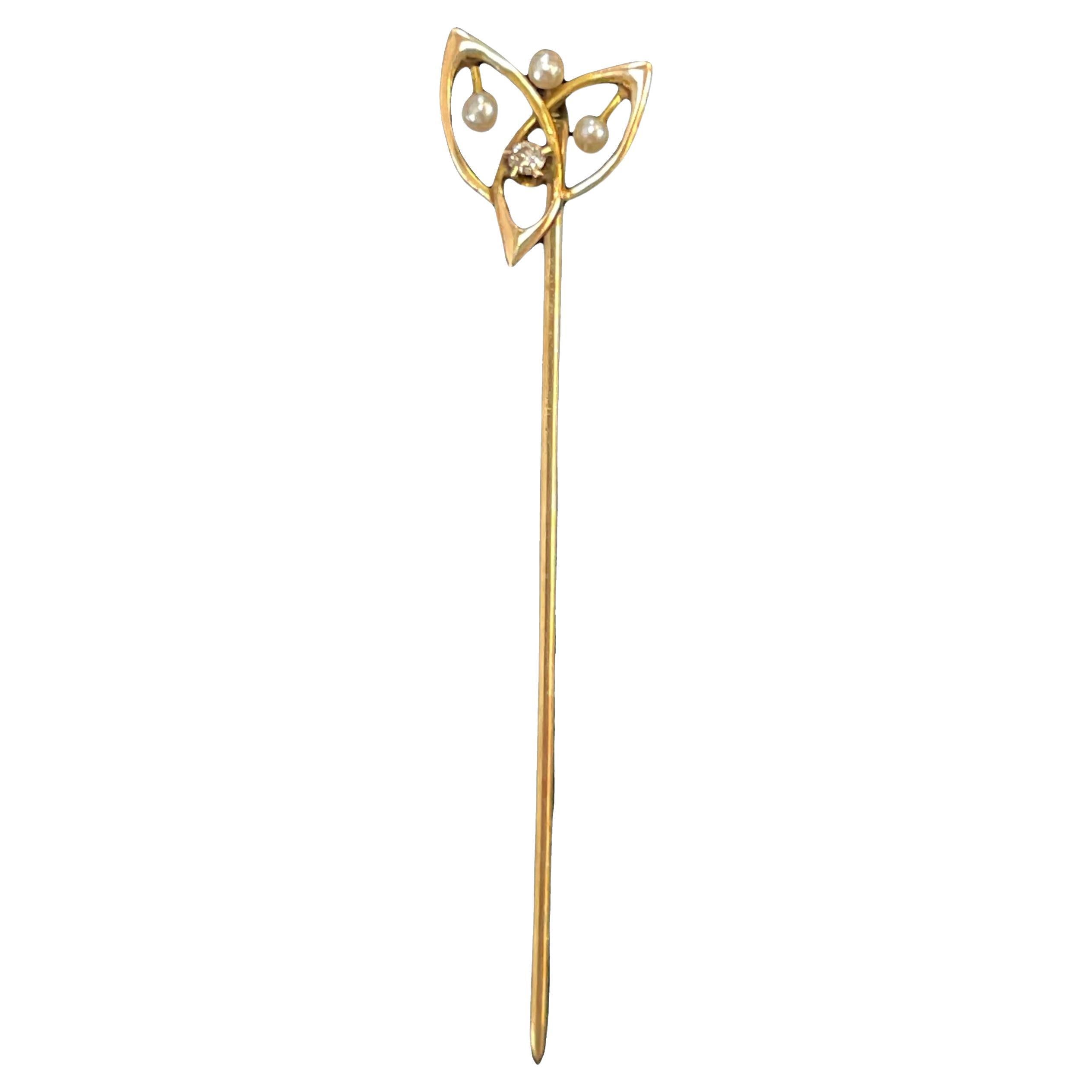 Antique 14K Yellow Gold Stickpin with Seed Pearls 
Diamond Accent