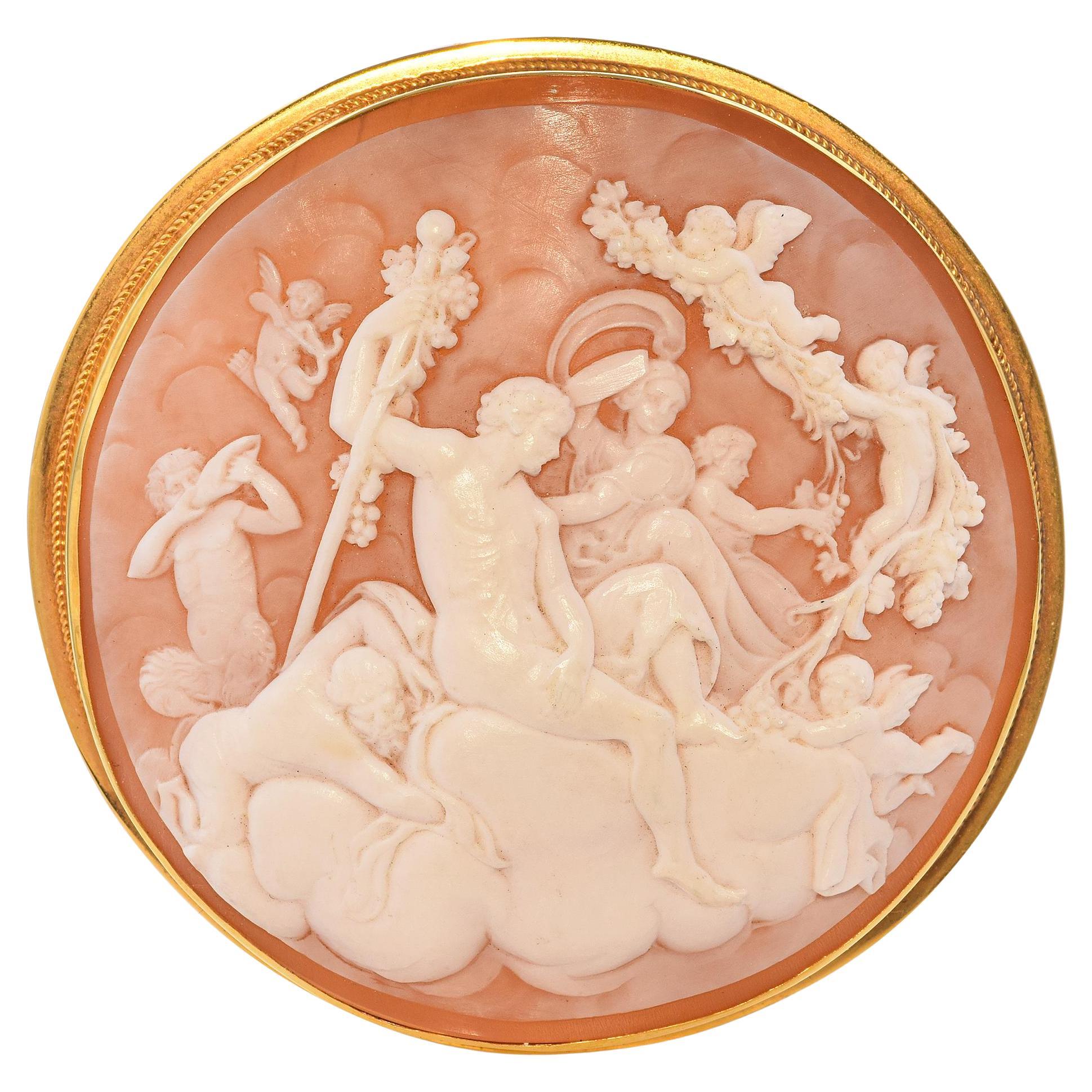 Antique 14k Yellow Gold The Triumph of Bacchus and Ariadne Cameo Brooch