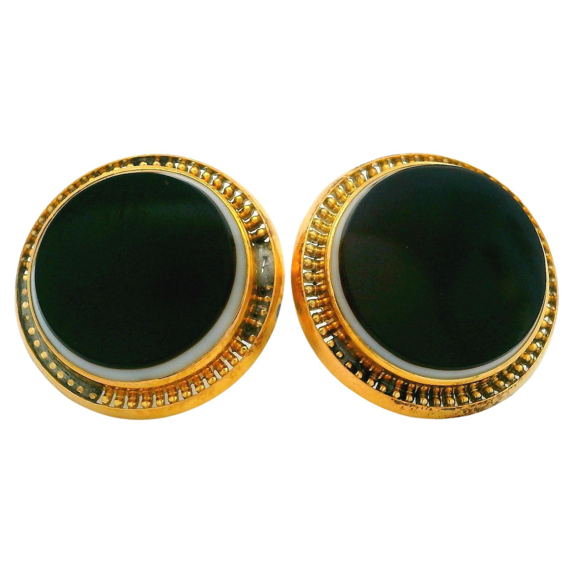 Antique 14k Yellow Gold Uncarved Agate Open Work Round Button Earrings