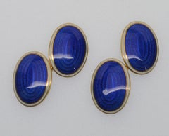 Antique 14K Yellow Gold Blue White Cloisonne Enamel Cuff Links