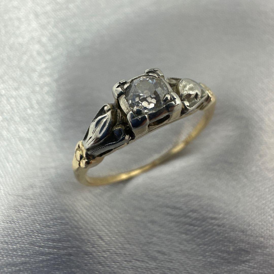 Art Deco Antique 14K Yellow Gold With White Gold Accent Diamond Ring Size: 6 For Sale