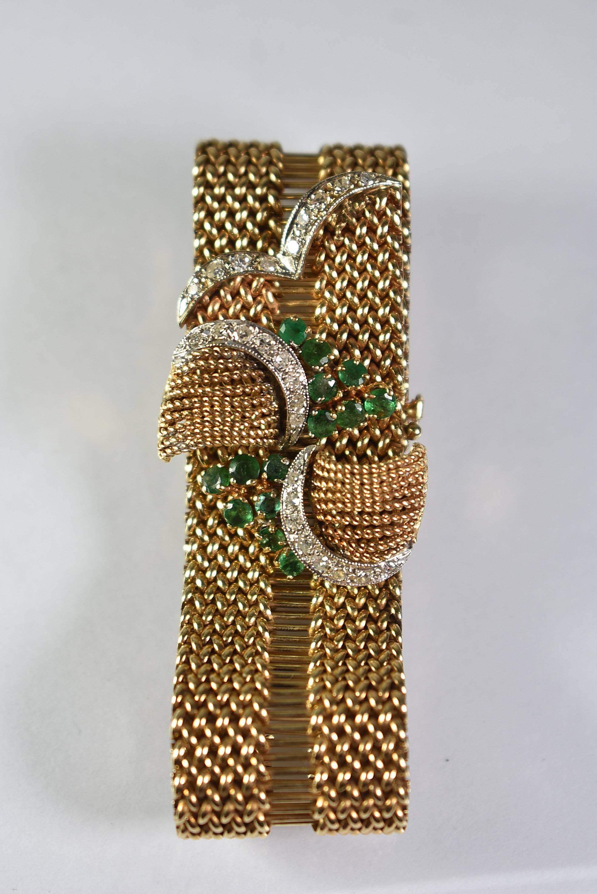 American Antique 14-Karat Yellow Gold, Diamond and Emerald Bracelet