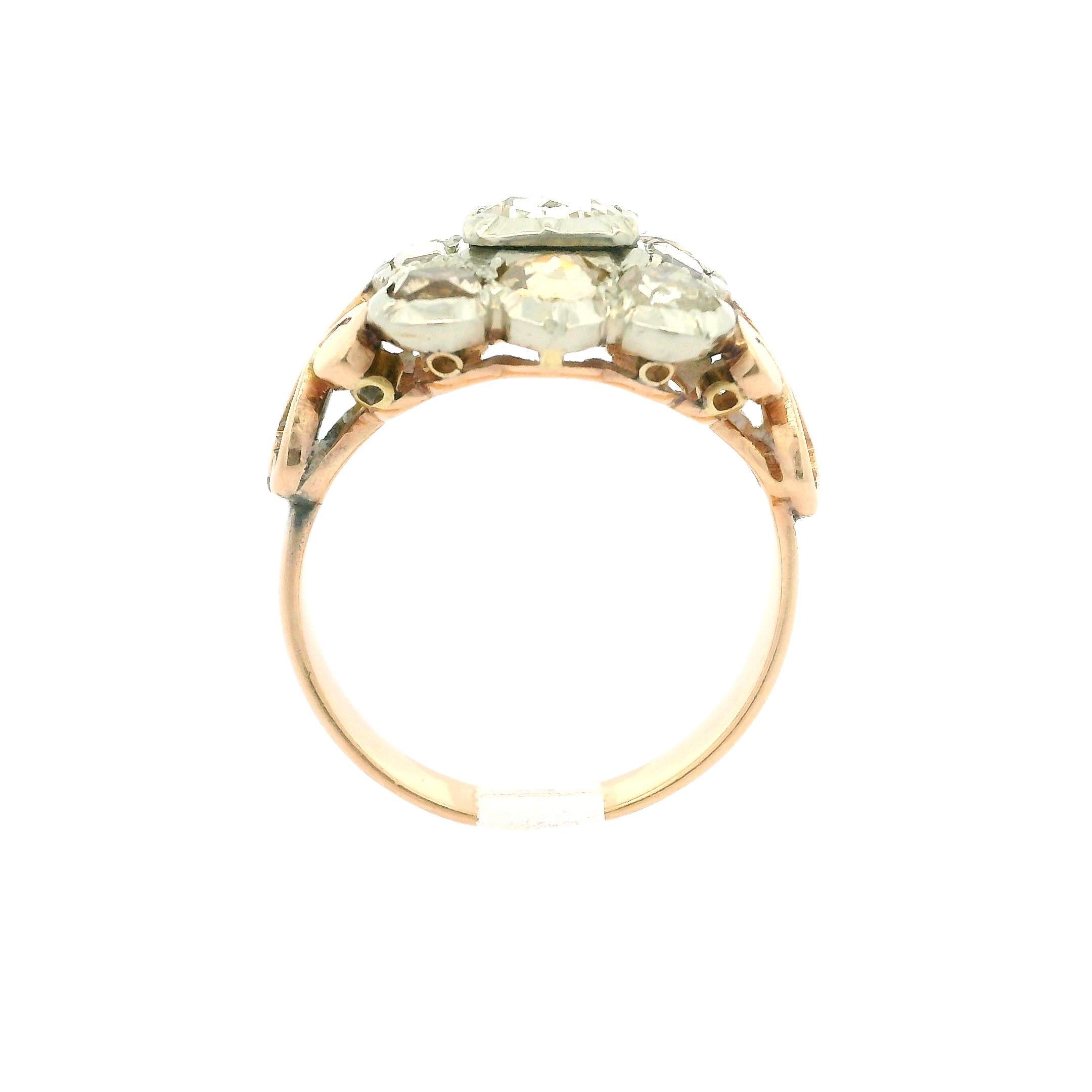 –Stone(s)–
(9) Natural Genuine Diamonds -Old Rose Cut, Old Step Cut - Bezel Style Pave - White Color - 1.25-1.50ctw (approx.)

Material: 14k White Gold Top - 14k Rosy Yellow Gold
Weight: 6.01 Grams
Ring Size: 7.5 ( fitted on finger, please contact