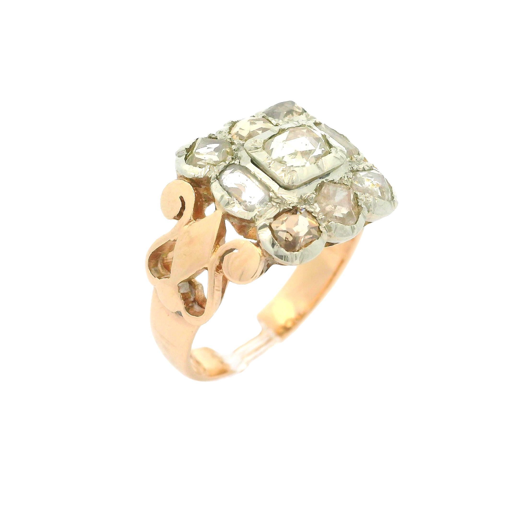 Rose Cut Antique 14k Yellow & White Gold 1.50ctw Old Cut Rose Diamond Large Platter Ring For Sale