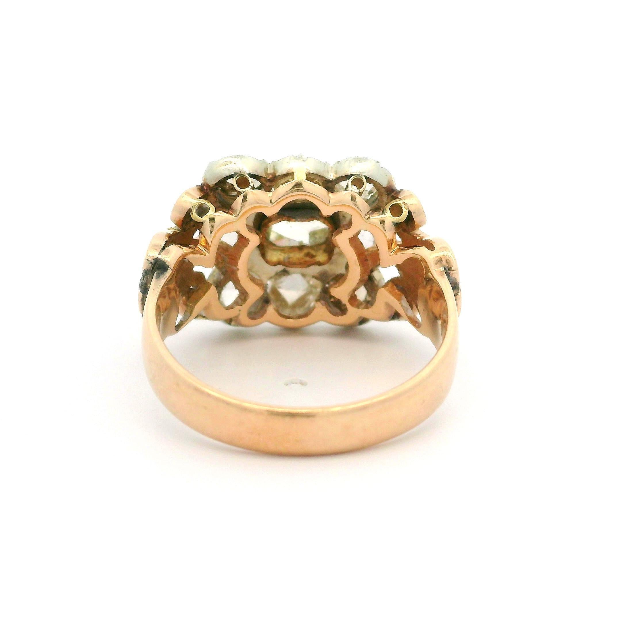 Antique 14k Yellow & White Gold 1.50ctw Old Cut Rose Diamond Large Platter Ring In Good Condition For Sale In Montclair, NJ