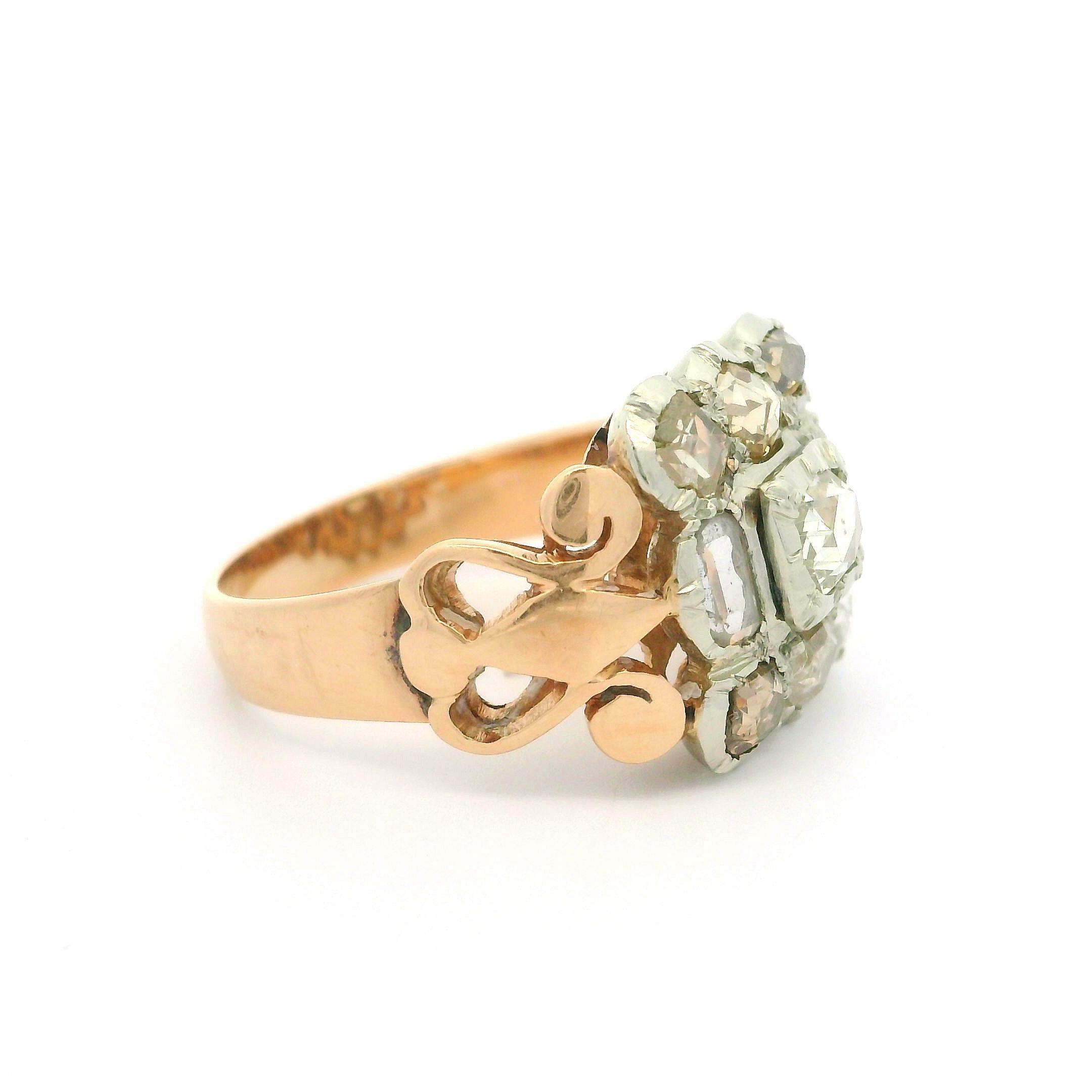 Women's Antique 14k Yellow & White Gold 1.50ctw Old Cut Rose Diamond Large Platter Ring For Sale
