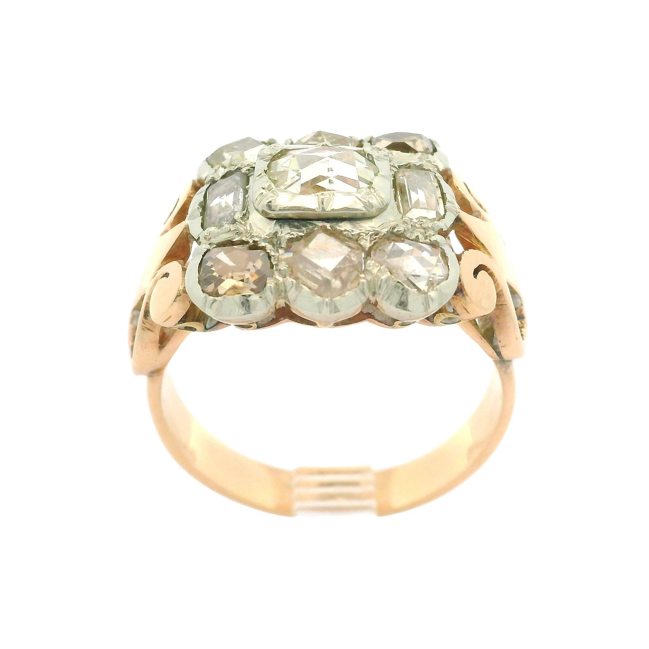 Antique 14k Yellow & White Gold 1.50ctw Old Cut Rose Diamond Large Platter Ring For Sale 1