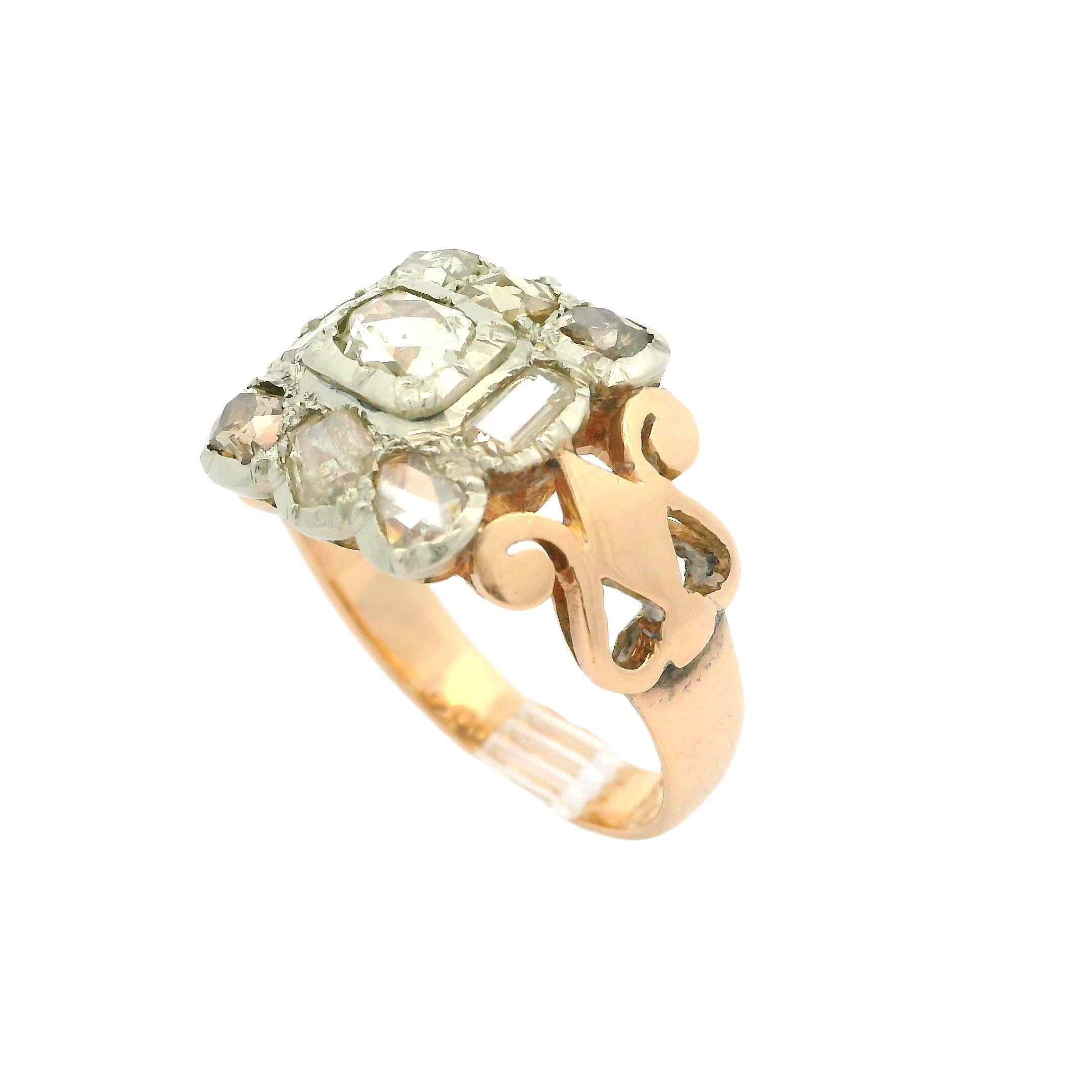 Antique 14k Yellow & White Gold 1.50ctw Old Cut Rose Diamond Large Platter Ring For Sale 2
