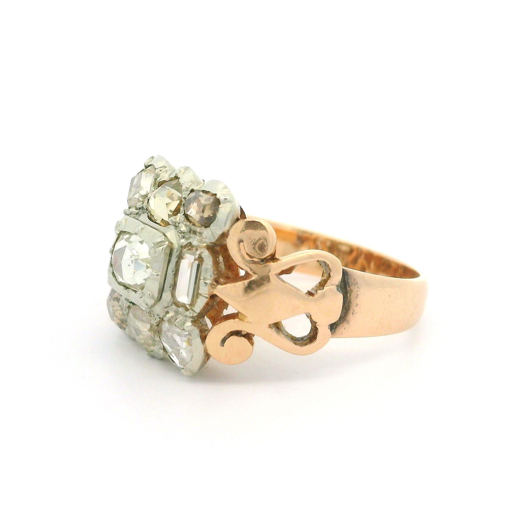 Antique 14k Yellow & White Gold 1.50ctw Old Cut Rose Diamond Large Platter Ring For Sale 3