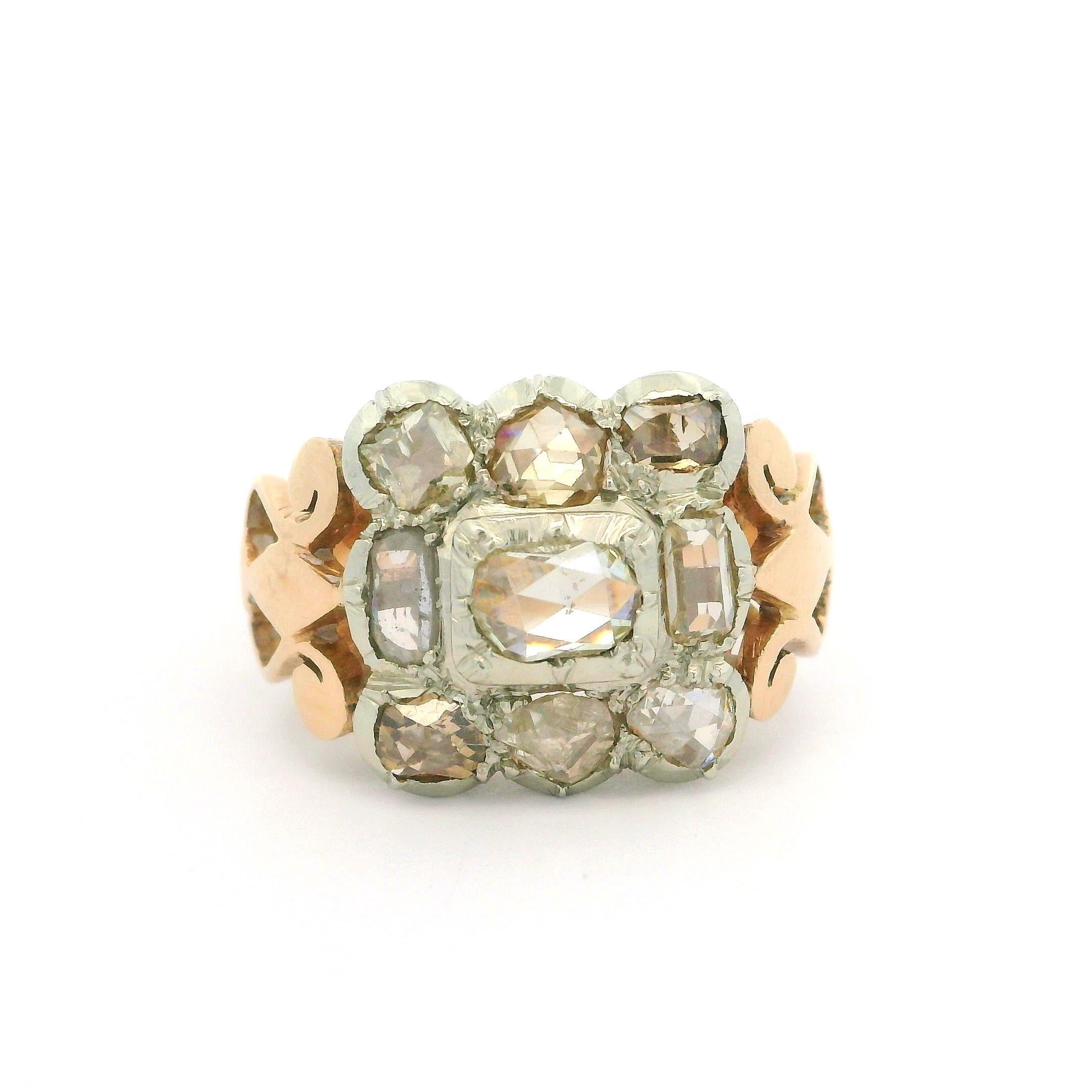 Antique 14k Yellow & White Gold 1.50ctw Old Cut Rose Diamond Large Platter Ring For Sale 4