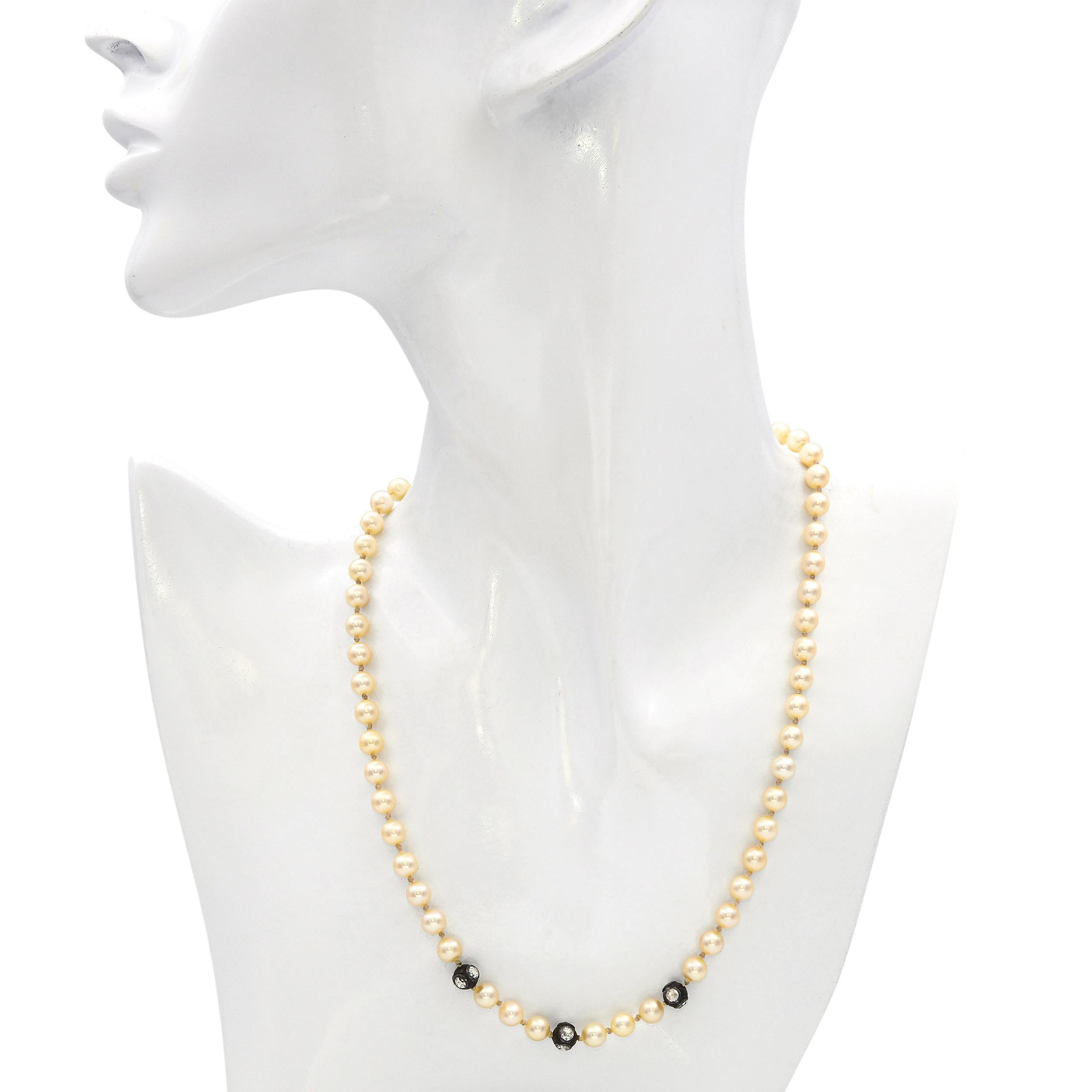 Taglio a rosa Collana antica in oro giallo e bianco 14k con diamanti taglio rosa e perle in vendita