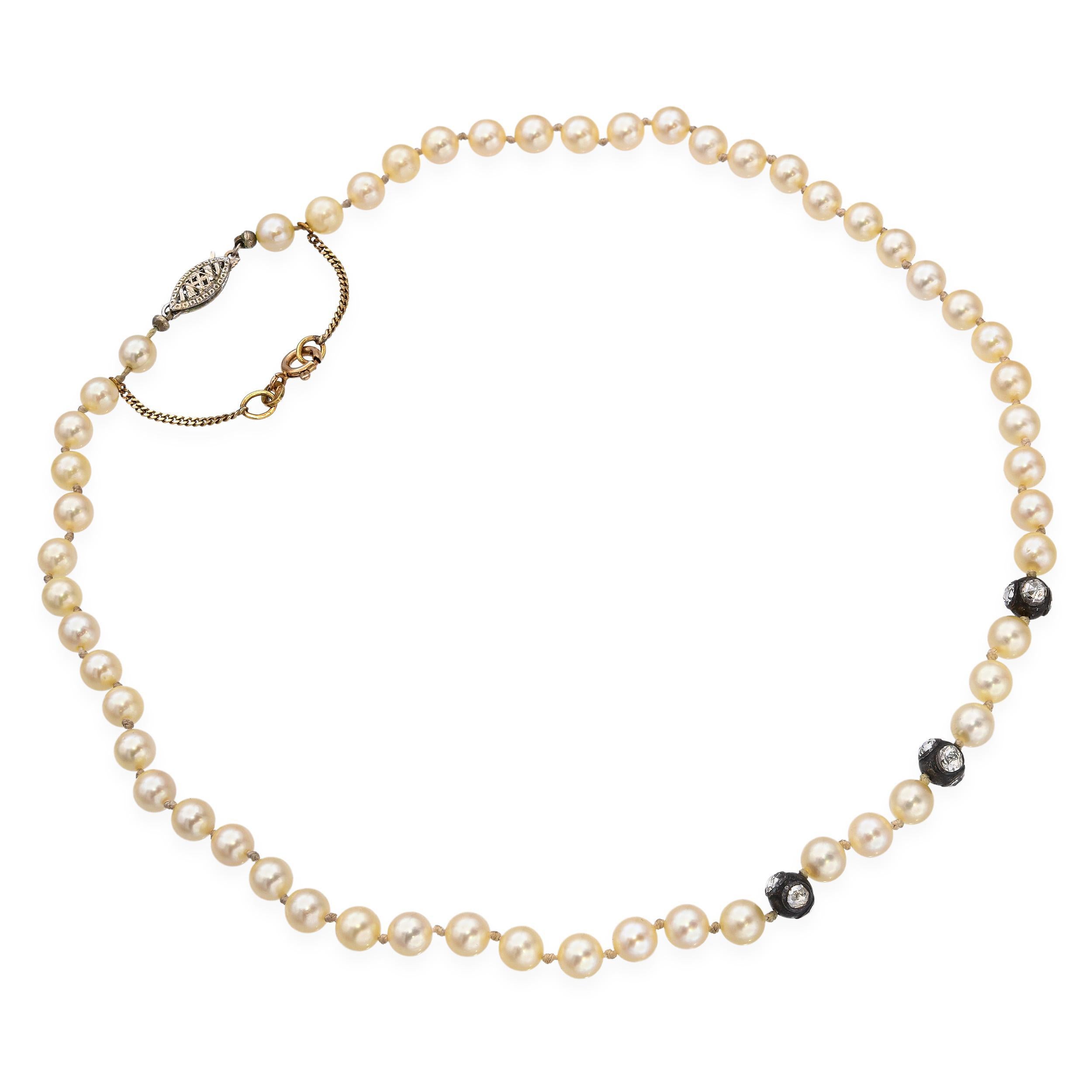 Collana antica in oro giallo e bianco 14k con diamanti taglio rosa e perle In condizioni buone in vendita a New York, NY