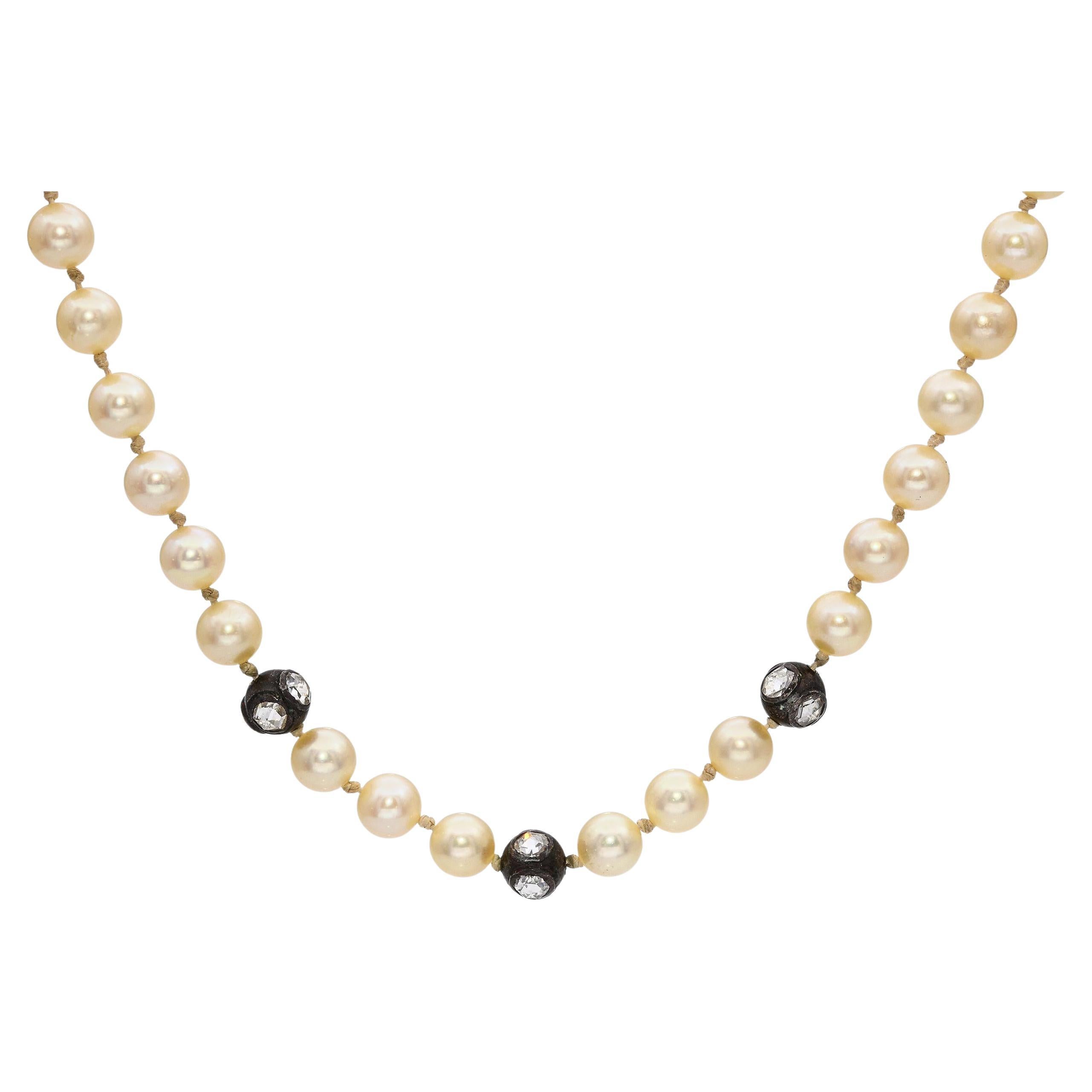 Collana antica in oro giallo e bianco 14k con diamanti taglio rosa e perle