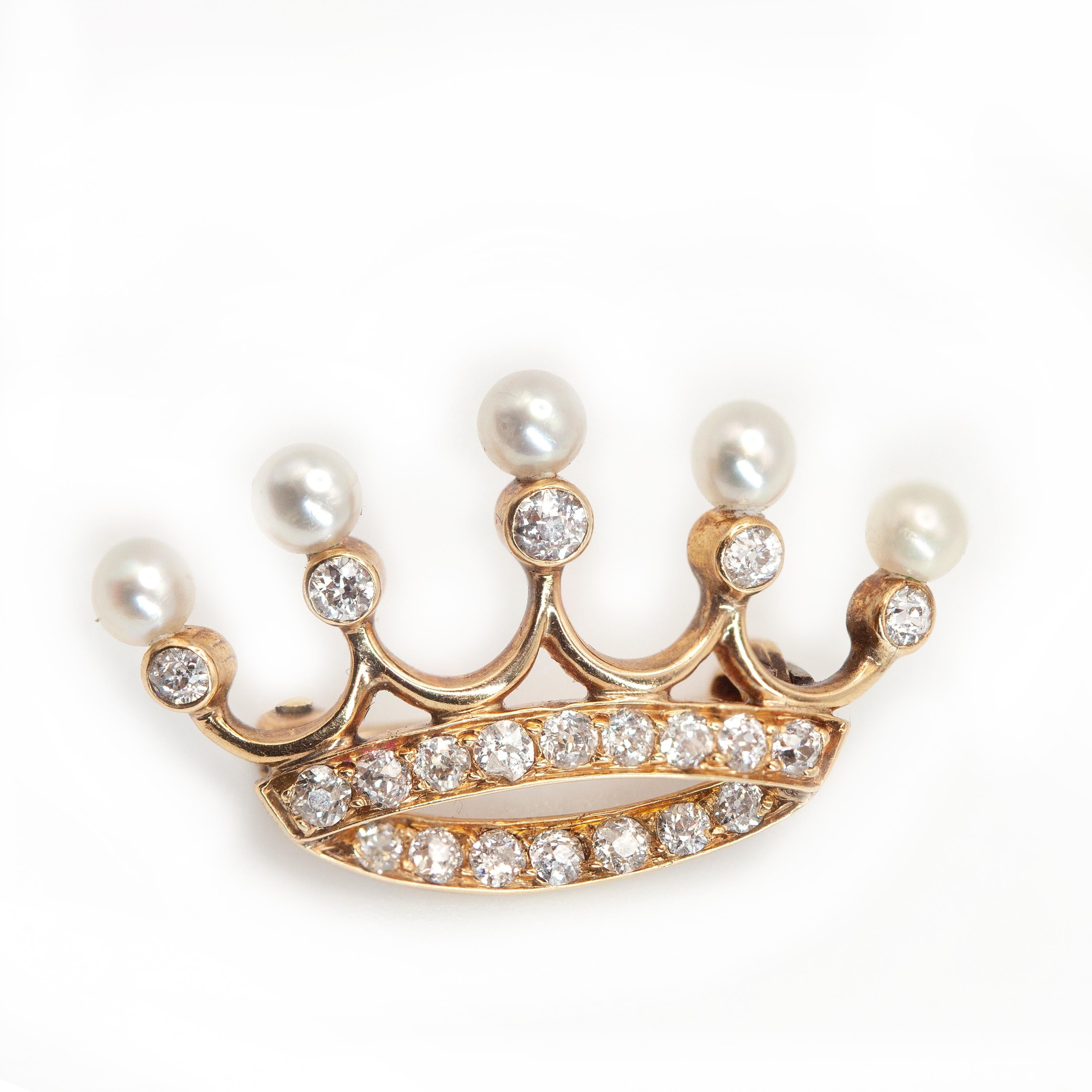 Victorian Antique 14K YG Diamond Pearl Crown Motif Brooch c. 1920s For Sale