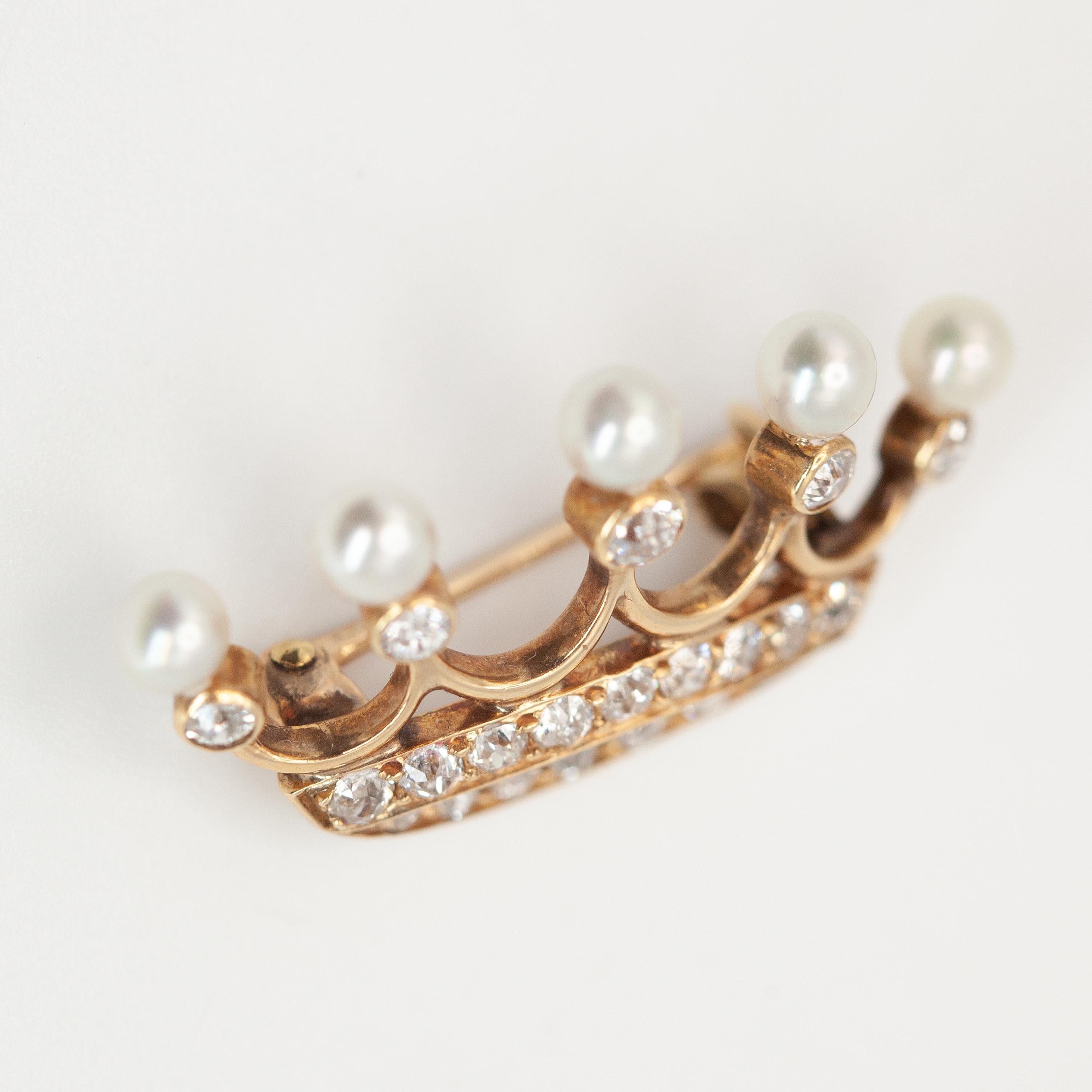 Old Mine Cut Antique 14K YG Diamond Pearl Crown Motif Brooch c. 1920s For Sale
