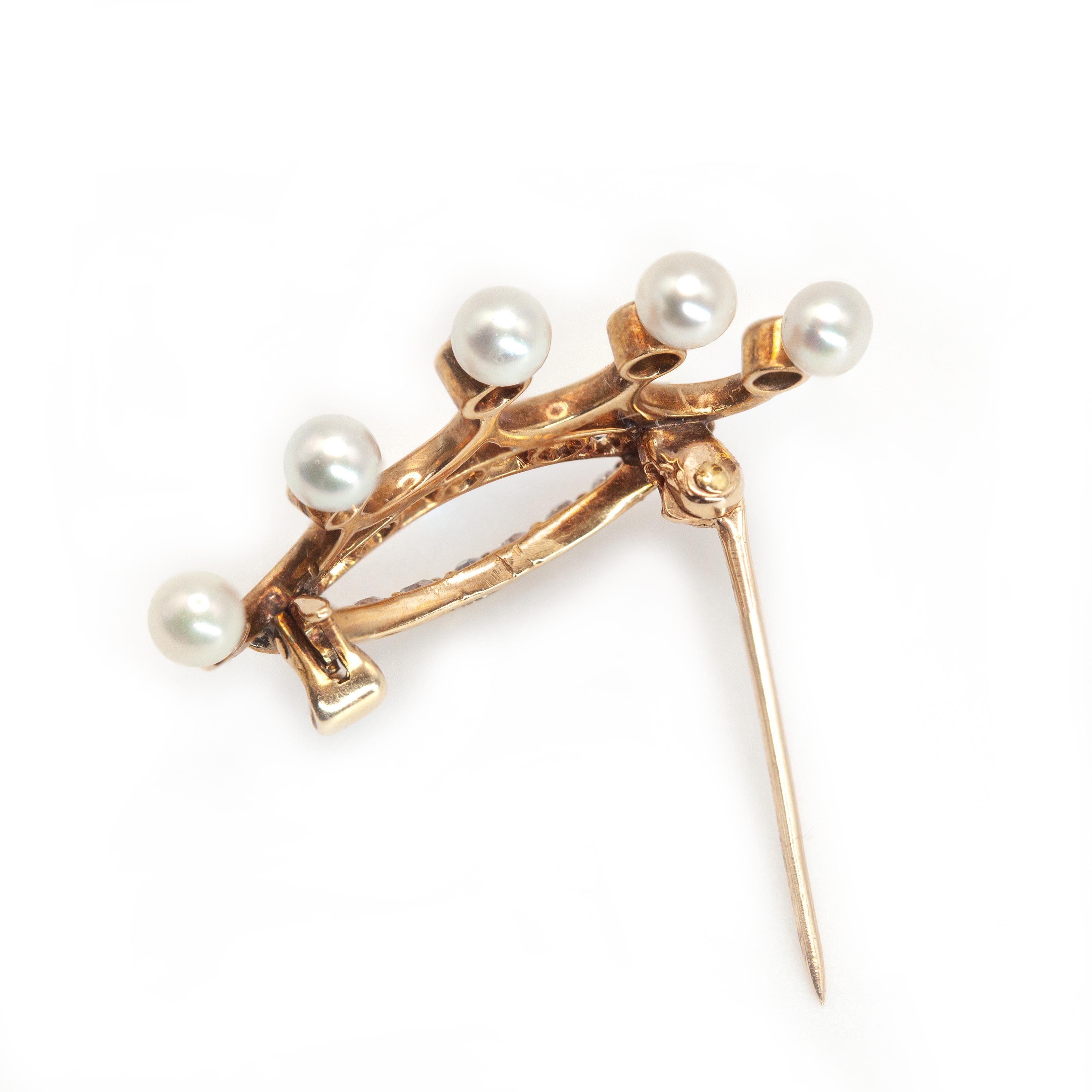Women's Antique 14K YG Diamond Pearl Crown Motif Brooch c. 1920s For Sale