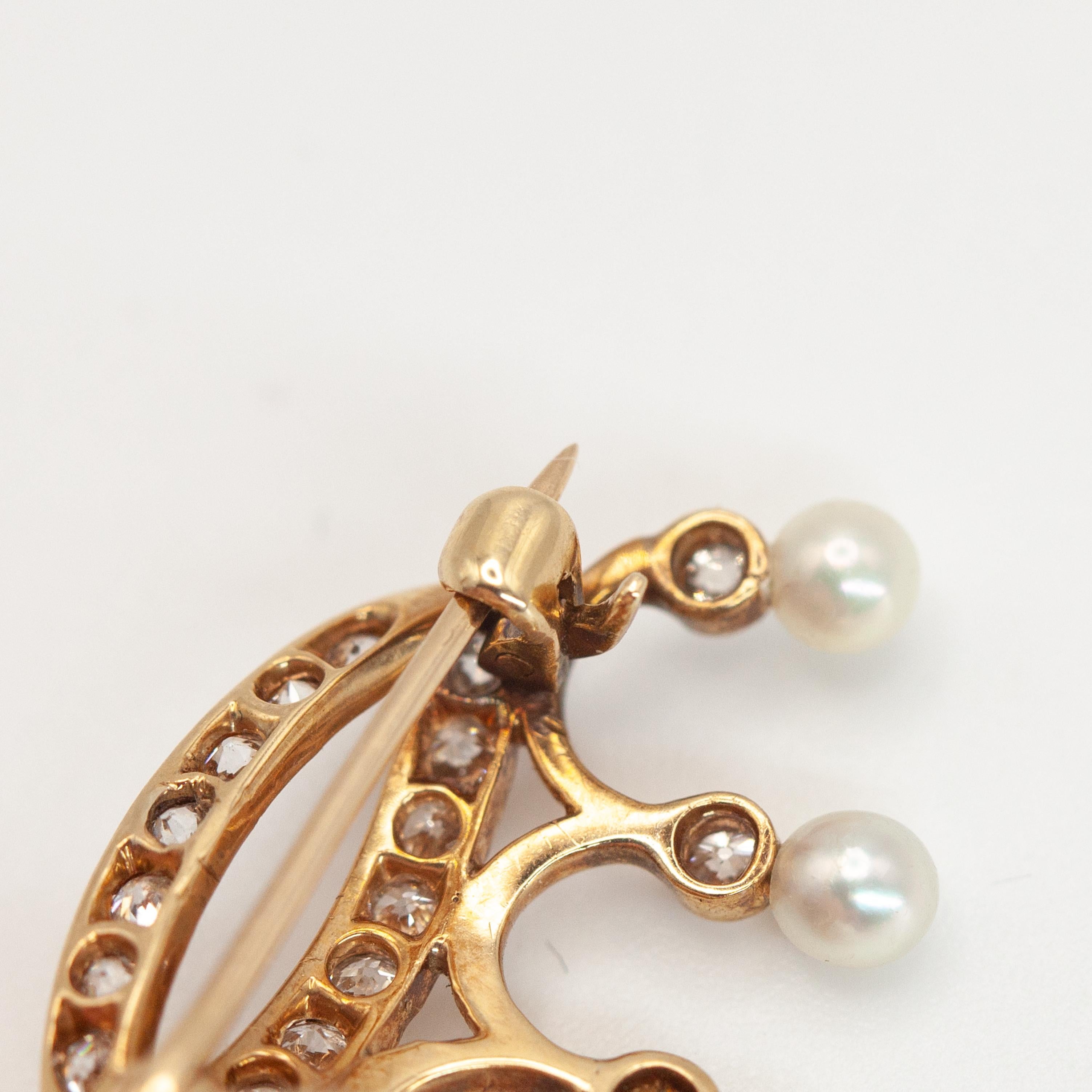 Antique 14K YG Diamond Pearl Crown Motif Brooch c. 1920s For Sale 1