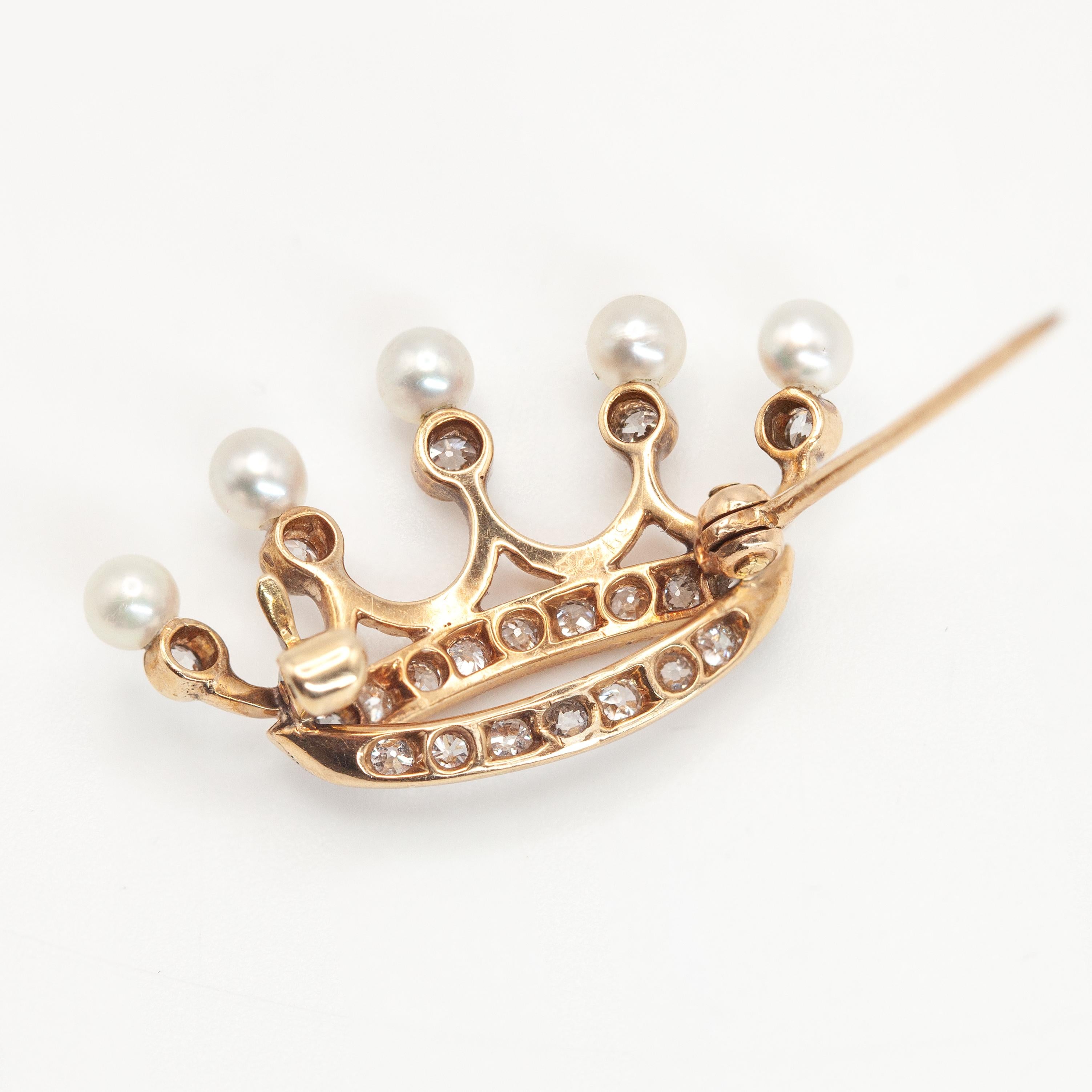 Antique 14K YG Diamond Pearl Crown Motif Brooch c. 1920s For Sale 2