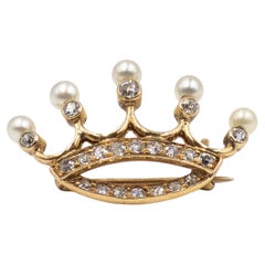 Antica spilla a corona con diamante 14K YG