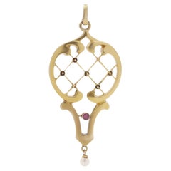 Antique 14kt Gold Pendant with Pearl and Ruby