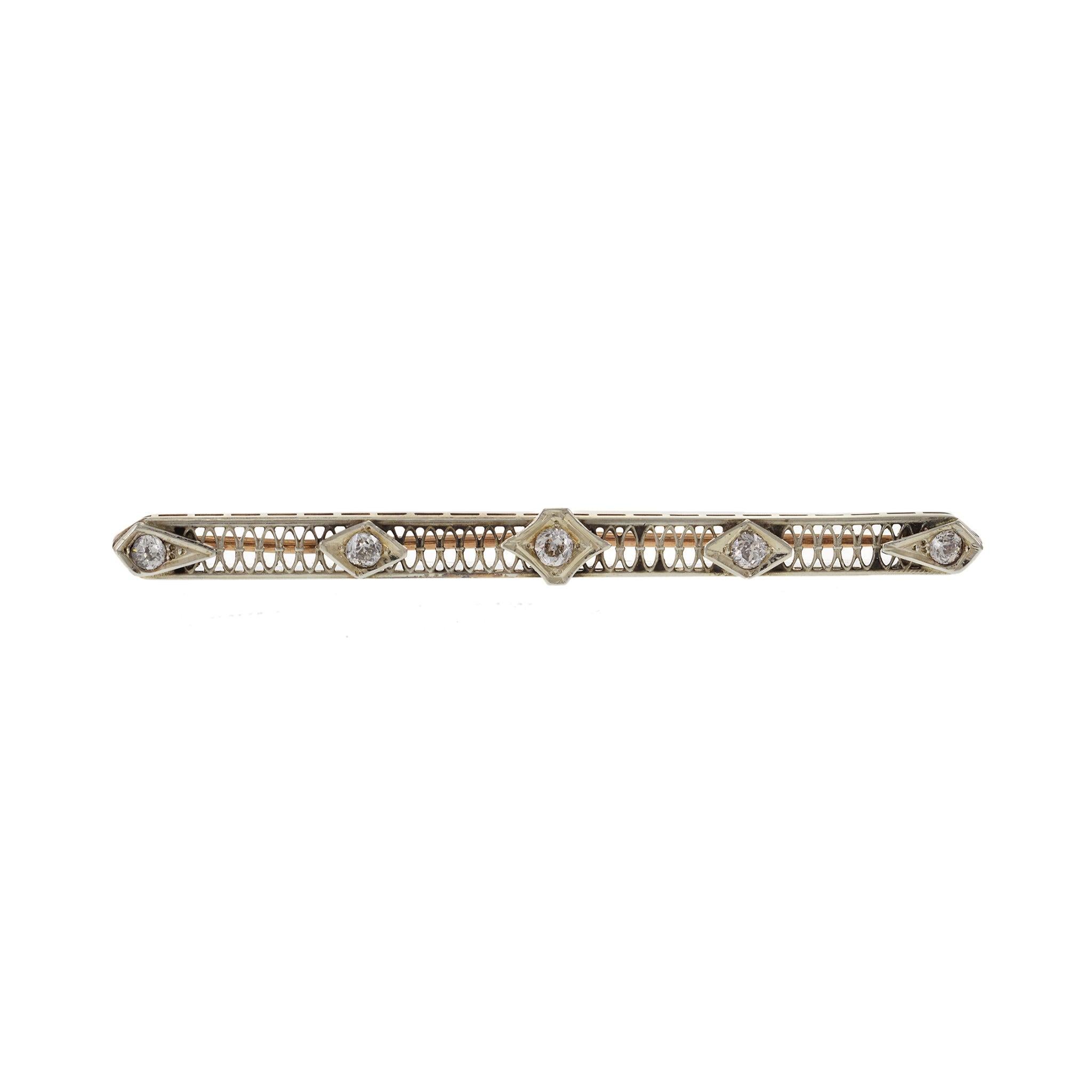 Antique 14KT Two-Tone Gold Victorian Era Five Diamond Filigree Stick Pin. This exquisite pin showcases a delicate filigree design in two-tone gold, highlighted by five I-J VS-SI mine cut diamonds totaling 0.38 carats. The intricate craftsmanship and