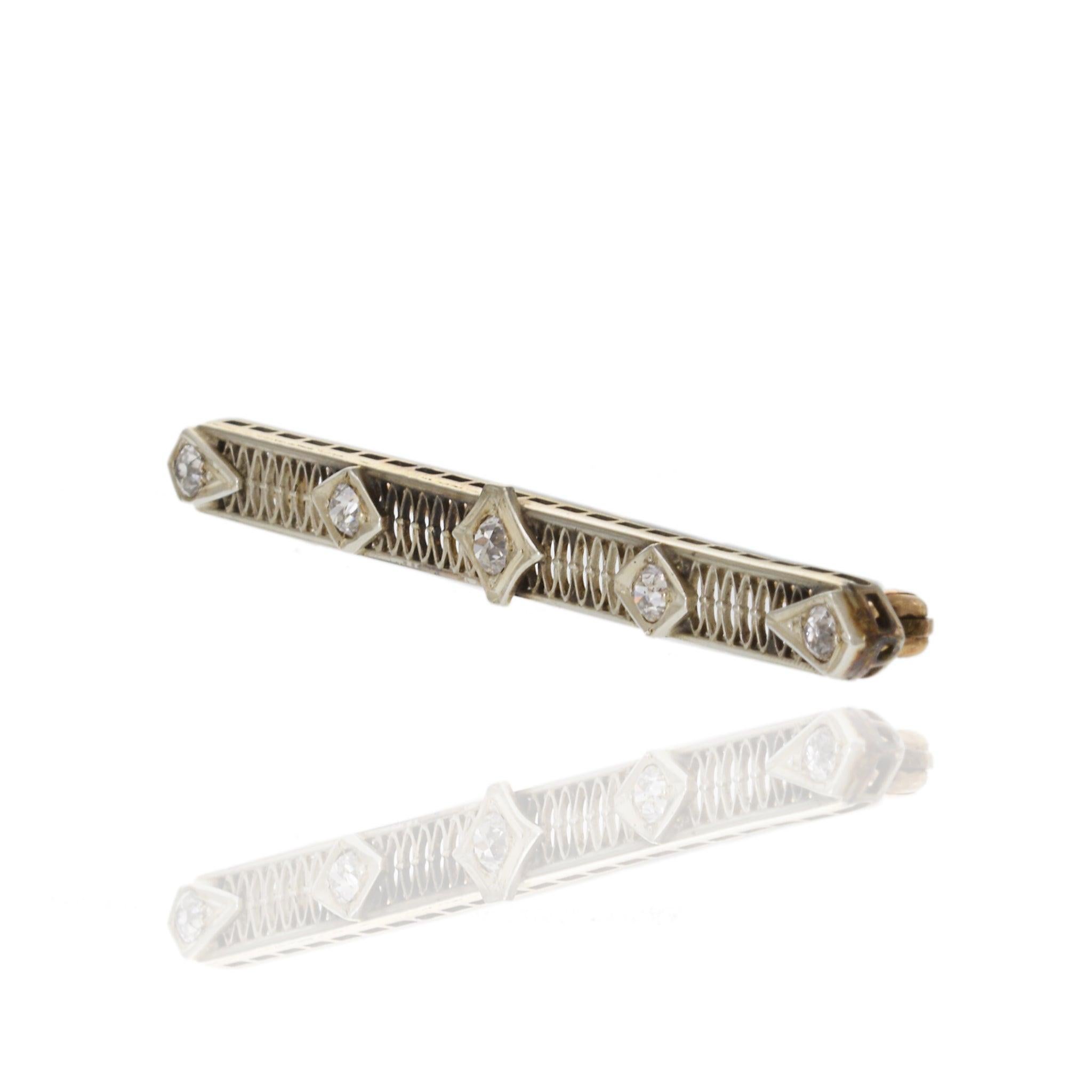 Old Mine Cut Antique 14KT Two-Tone Gold Victorian Era Five Diamond Filigree Stick Pin For Sale