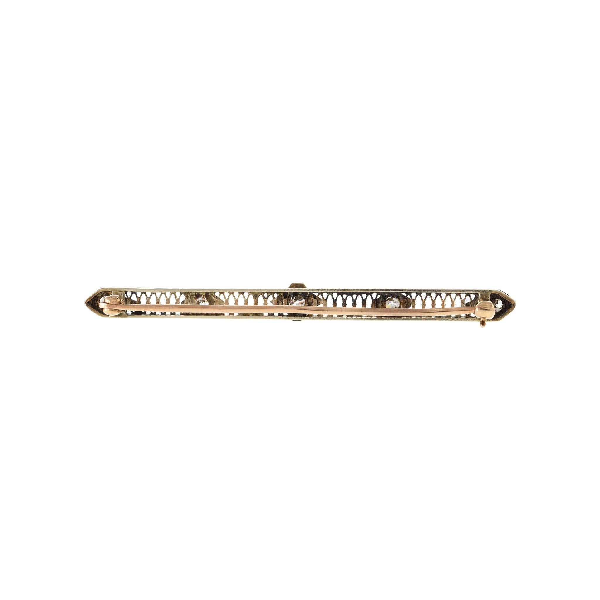 Antique 14KT Two-Tone Gold Victorian Era Five Diamond Filigree Stick Pin In Excellent Condition For Sale In New York, NY