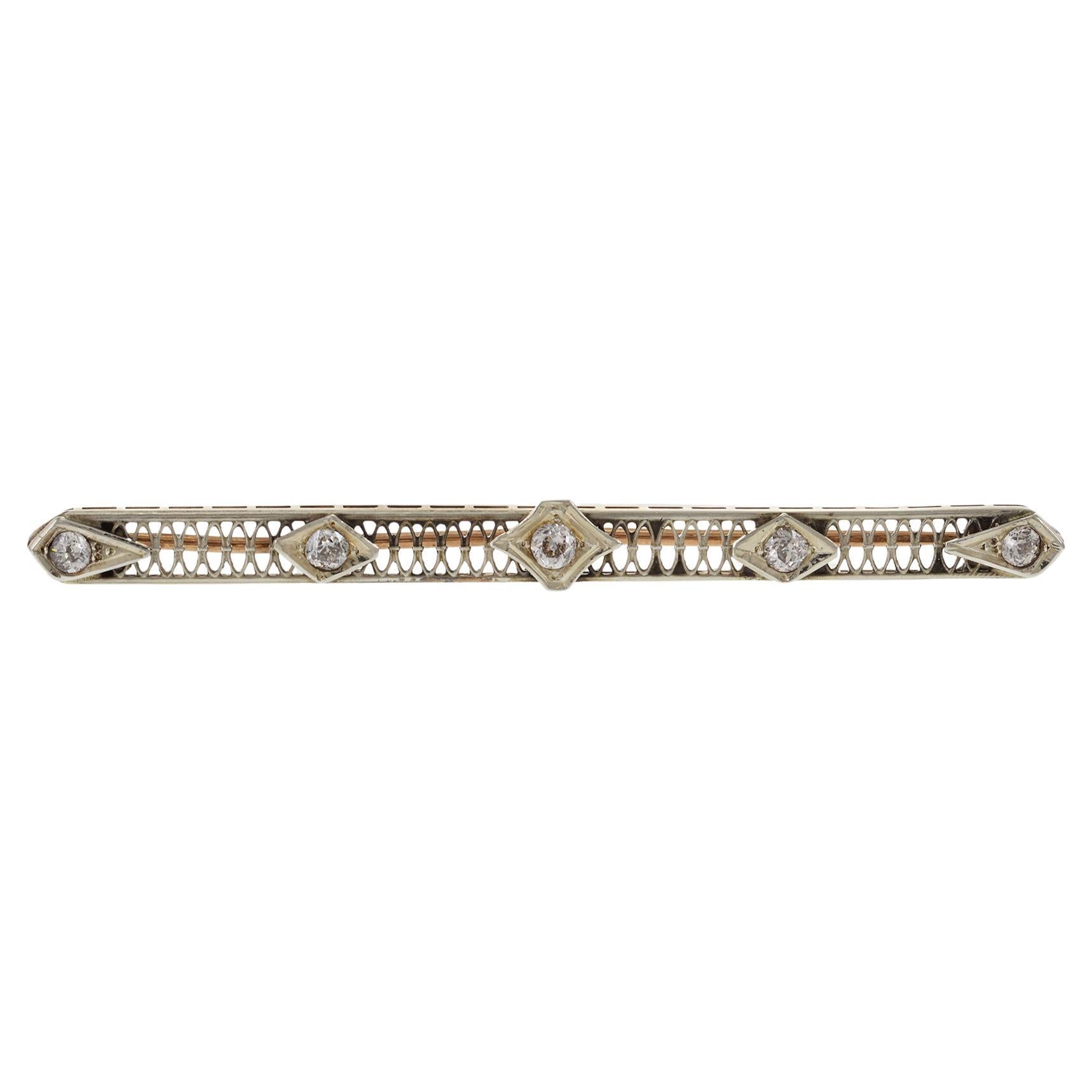 Antique 14KT Two-Tone Gold Victorian Era Five Diamond Filigree Stick Pin For Sale