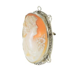 Antique 14KT White Gold Filigree Portrait Cameo Brooch