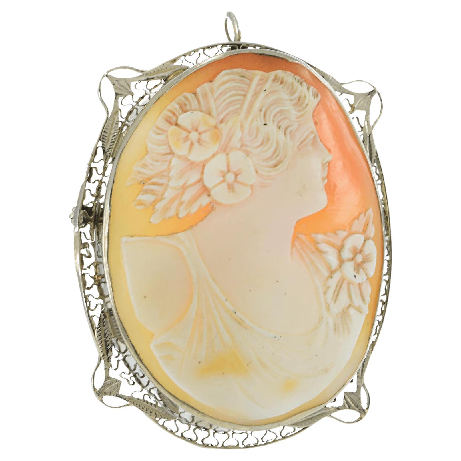 Spilla antica in oro bianco 14KT con cammeo ritratto in filigrana