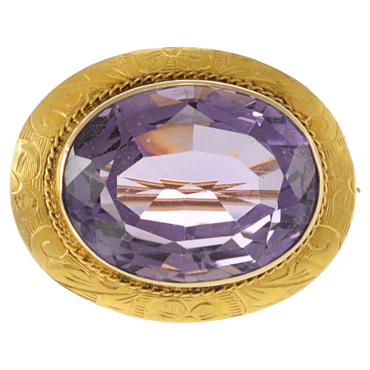 Antique 14KT Yellow Gold Bezel Set 26CT Oval Cut Purple Amethyst Pin
