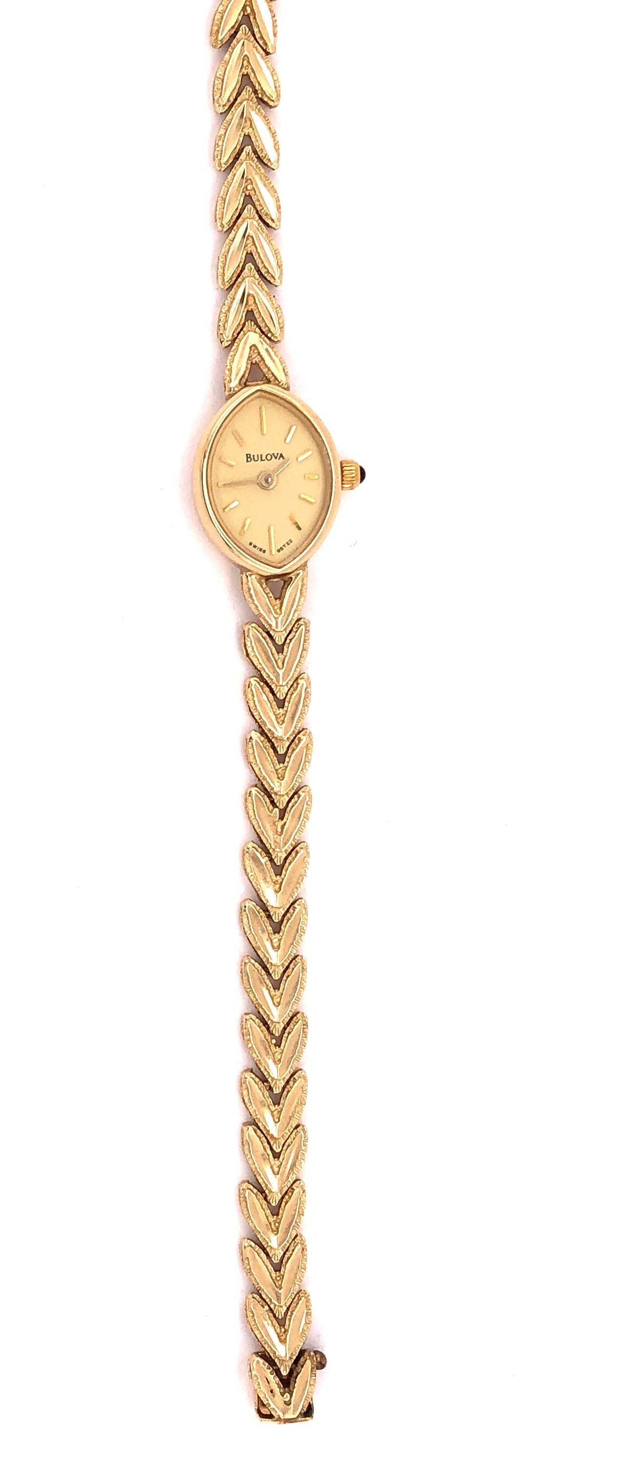 Vintage 14Kt Yellow Gold Bulova Wrist Watch Quartz Ronda 4 Jewels 15.7grams Without works. 17.5 Inches
Bulova was founded and incorporated as the J. Bulova Company in 1875 by Bohemian immigrant Joseph Bulova (b. Joseph Bullowa, son of Nathan Bullowa