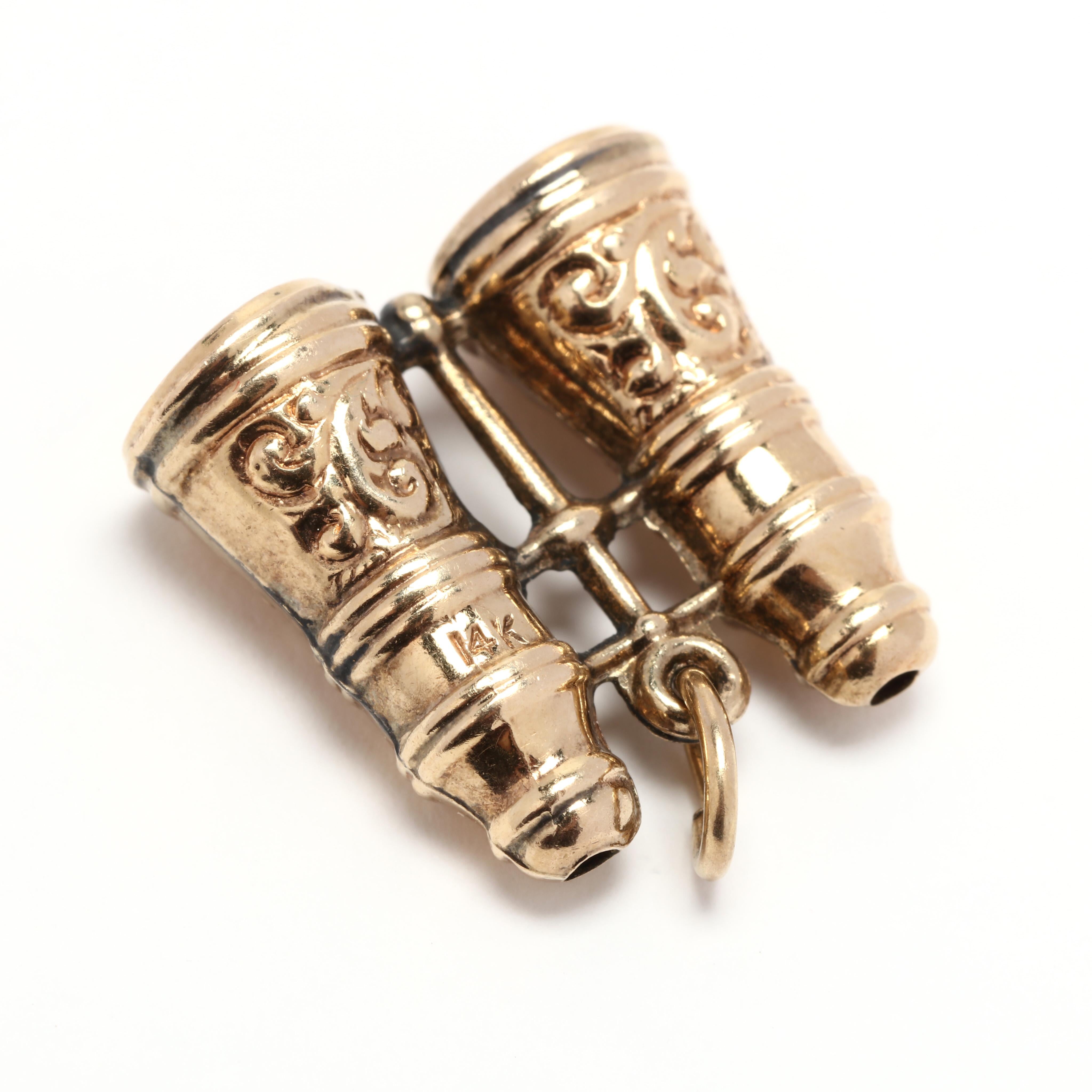 Women's or Men's Antique 14 Karat Yellow Gold Engraved Binoculars Charm / Pendant