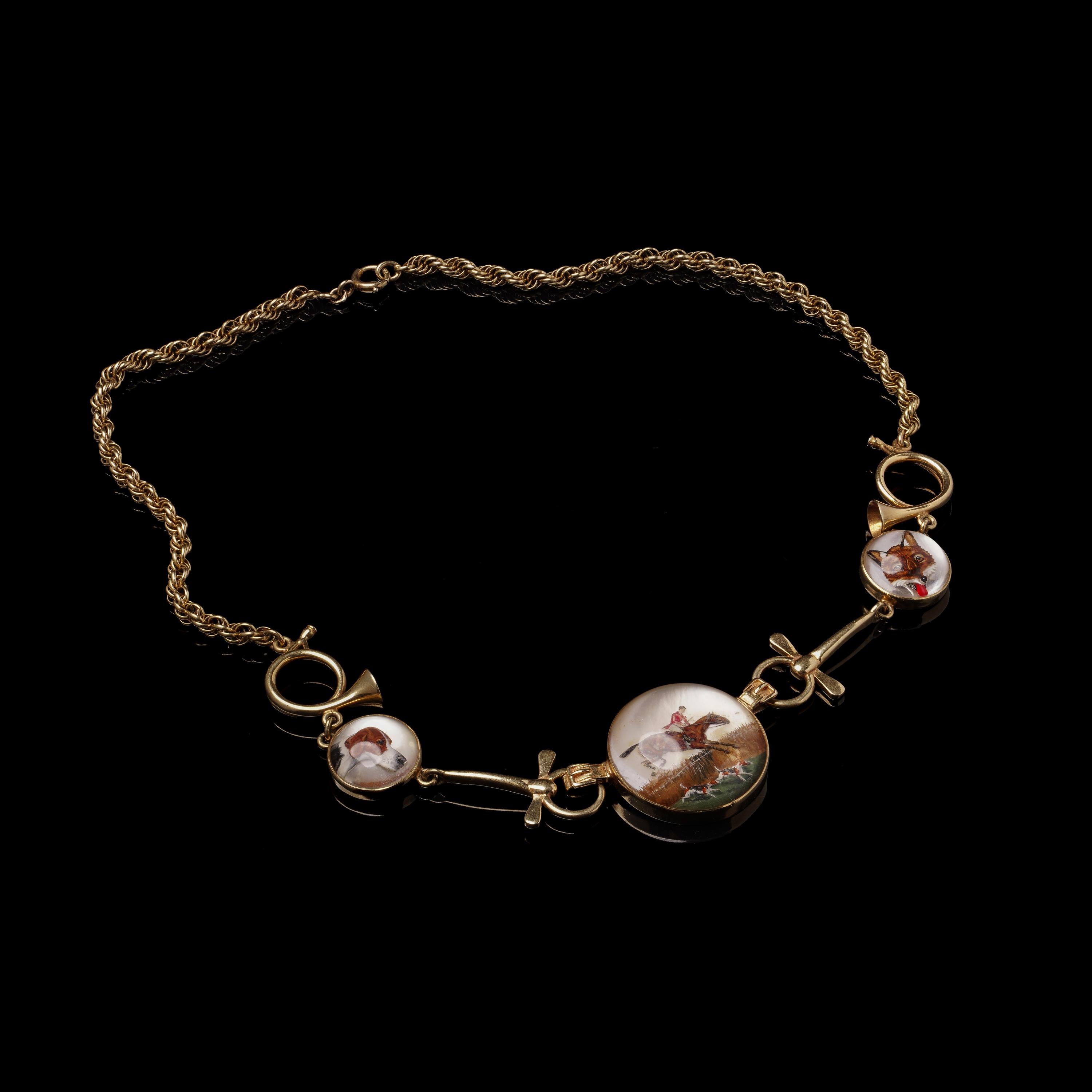 Victorian Antique 14kt Yellow Gold Essex Crystal Hunting Necklace, c. 1880–1910 For Sale