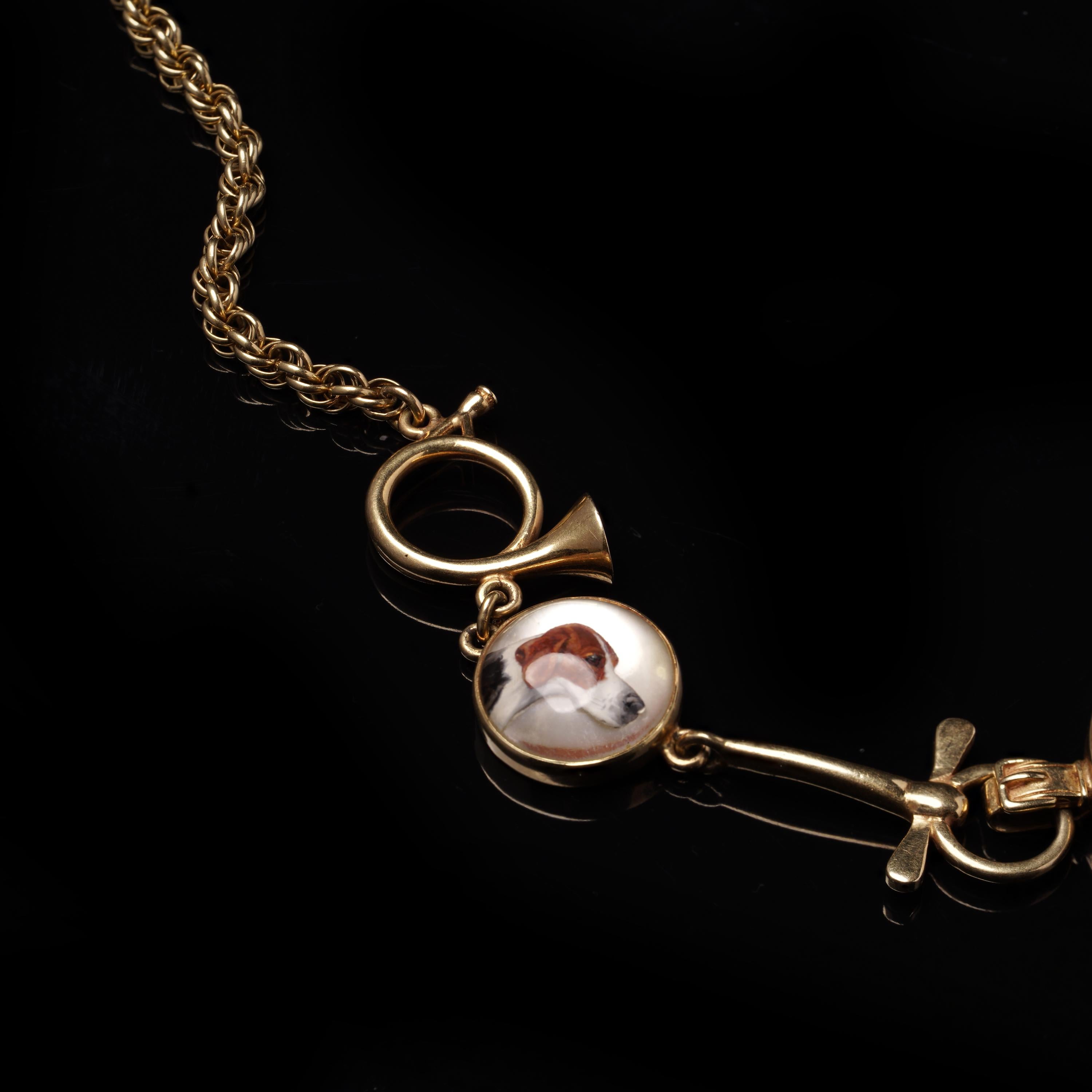 Round Cut Antique 14kt Yellow Gold Essex Crystal Hunting Necklace, c. 1880–1910 For Sale