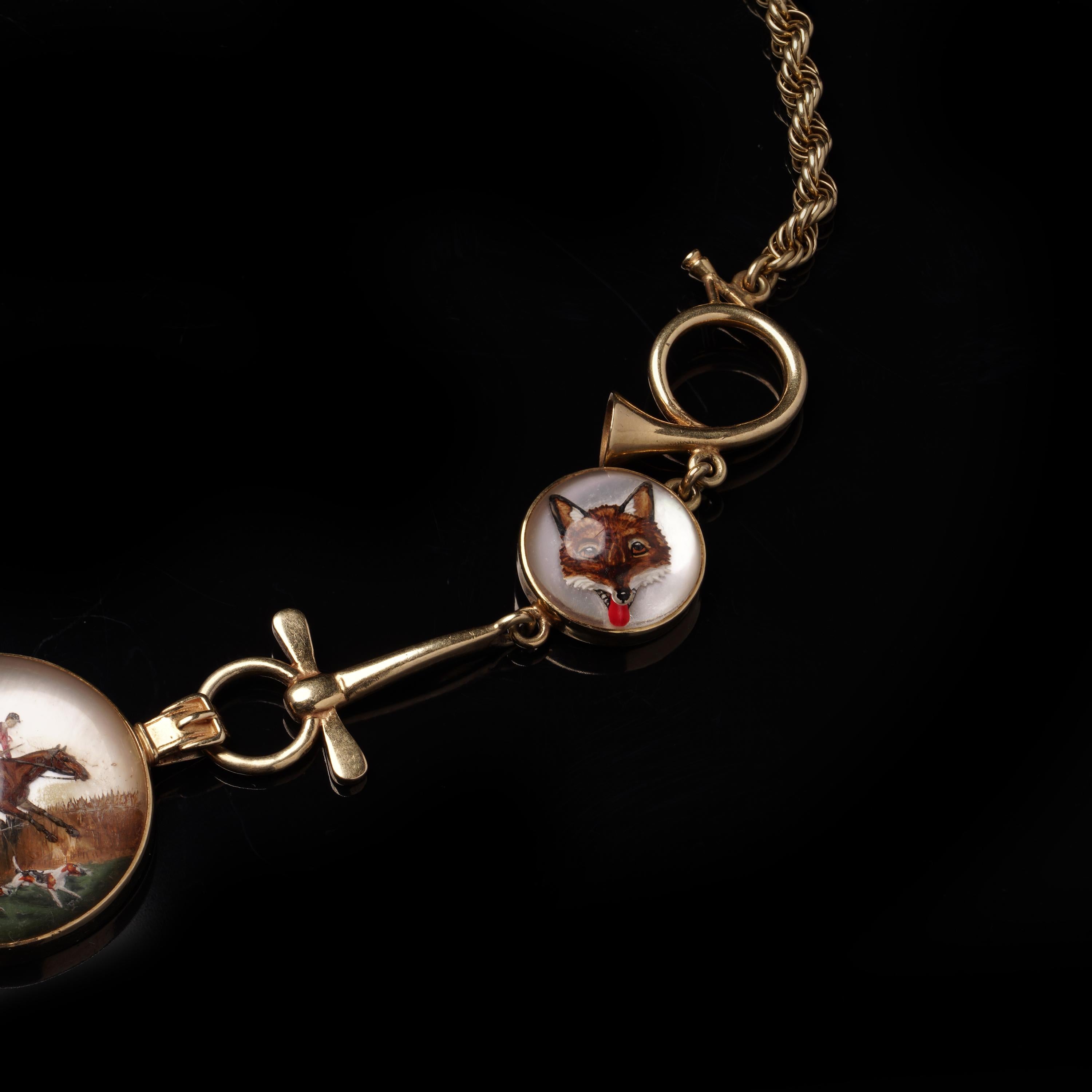 Women's or Men's Antique 14kt Yellow Gold Essex Crystal Hunting Necklace, c. 1880–1910 For Sale