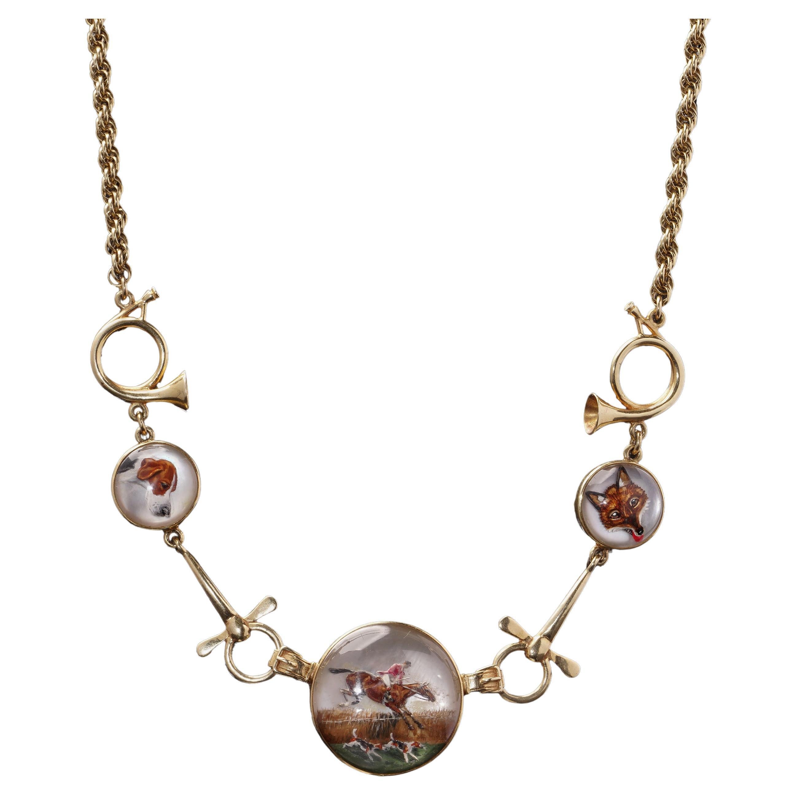 Antique 14kt Yellow Gold Essex Crystal Hunting Necklace, c. 1880–1910 For Sale