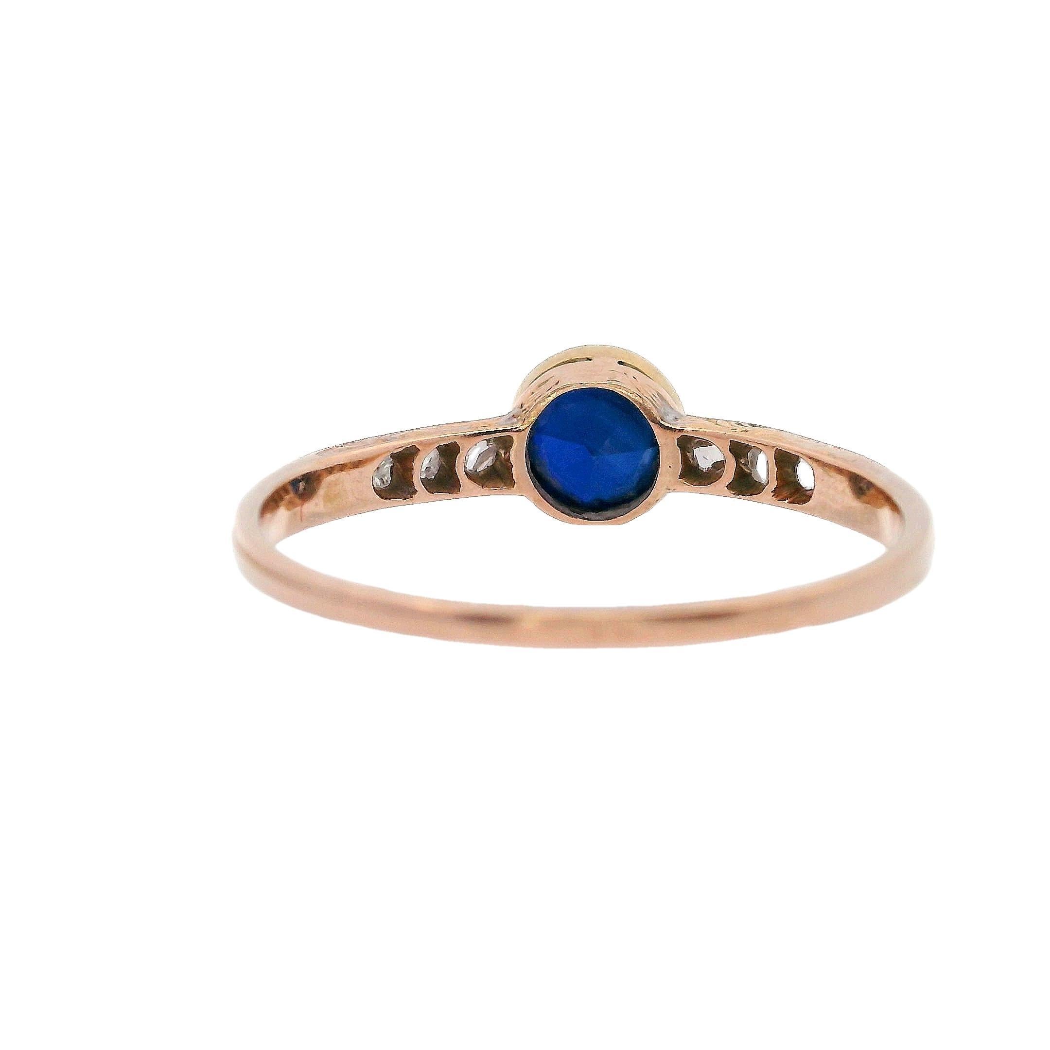 Women's or Men's Edwardian 14kt yellow Gold Solitaire Ring with Sapphire and Diamonds