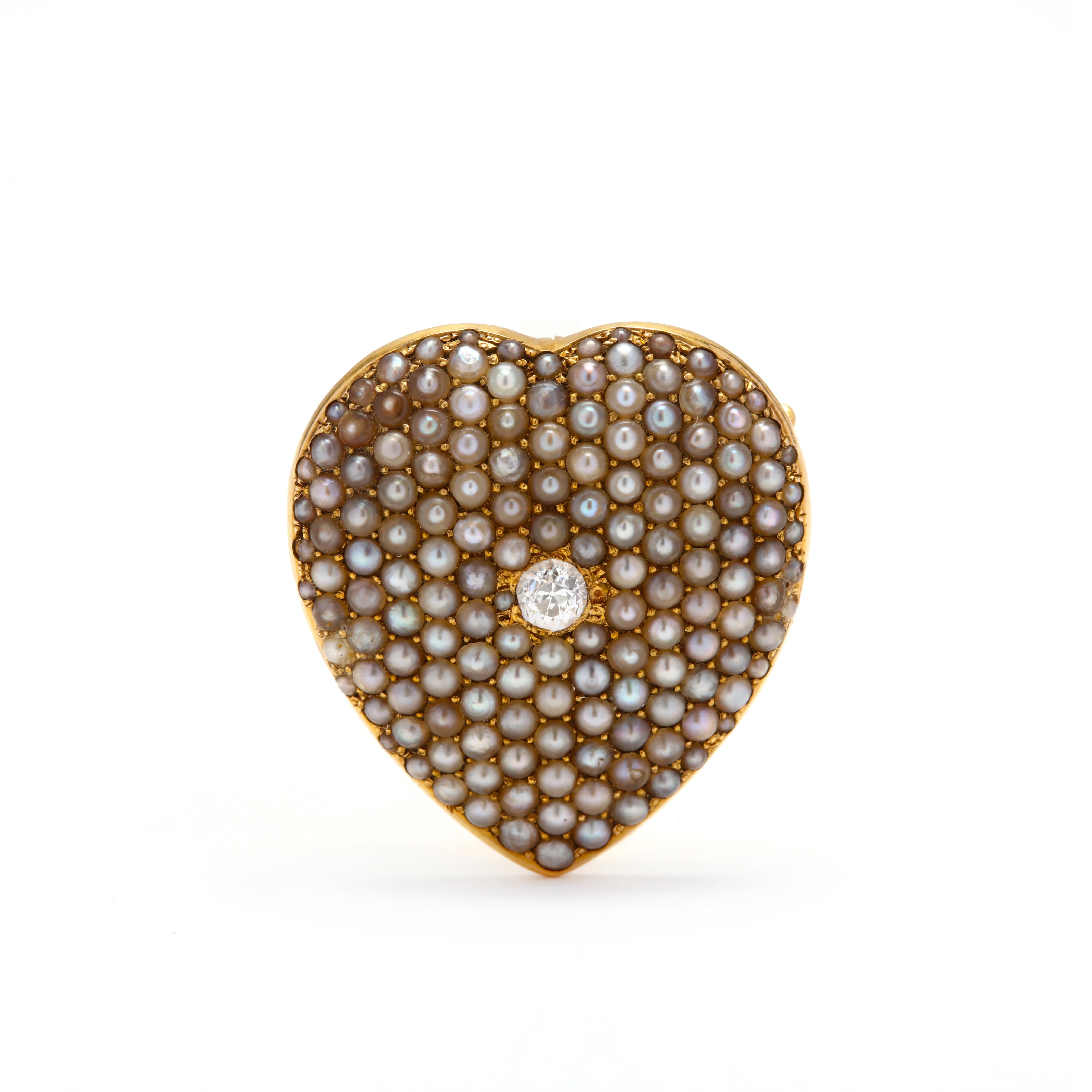 Cabochon Antique 14Y OEC Diamond & Seed Pearl Heart Brooch / Pendant