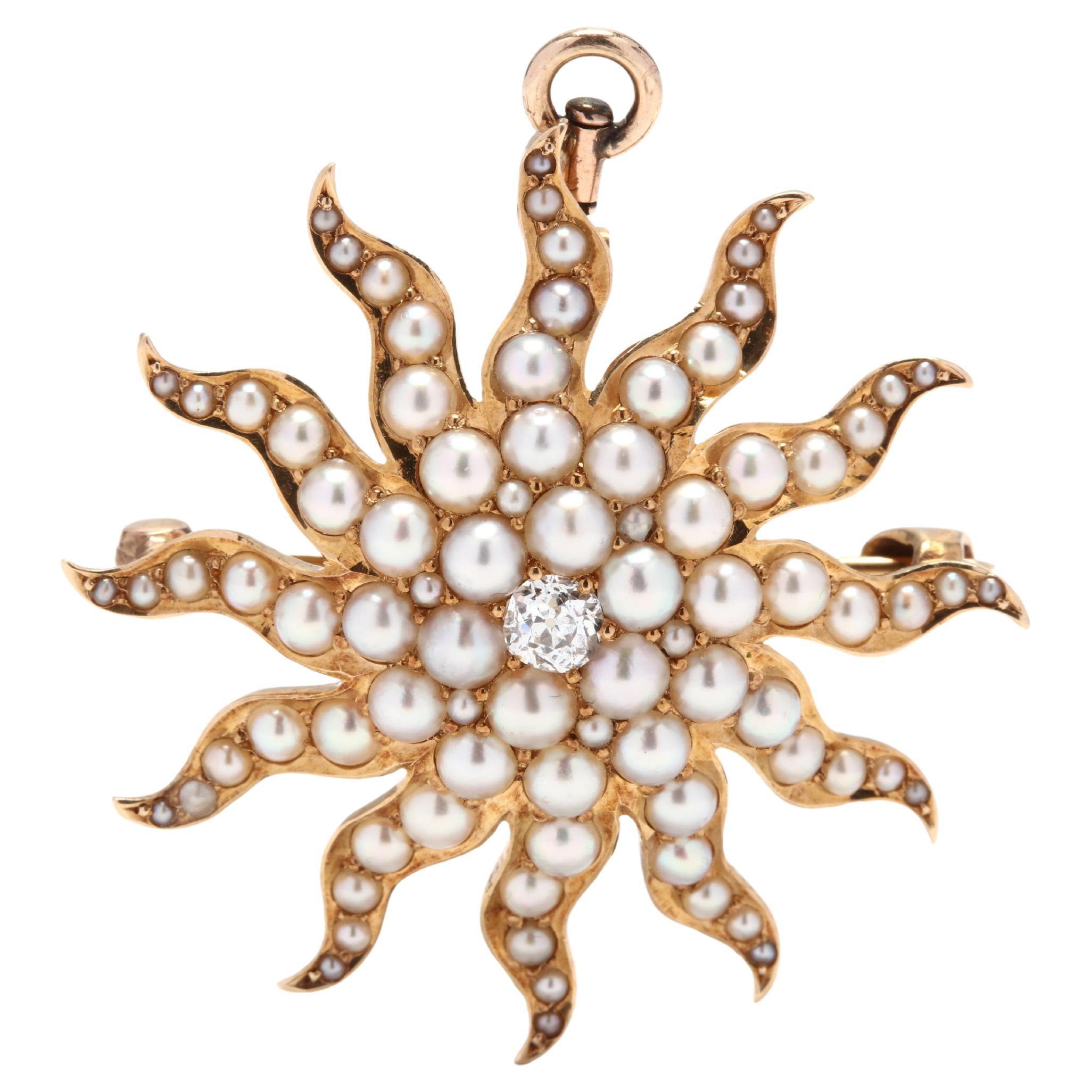 Antique 14Y OEC Diamond & Seed Pearl Sunburst Brooch / Pendant For Sale