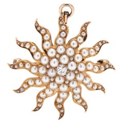 Antique 14Y OEC Diamond & Seed Pearl Sunburst Brooch / Pendant