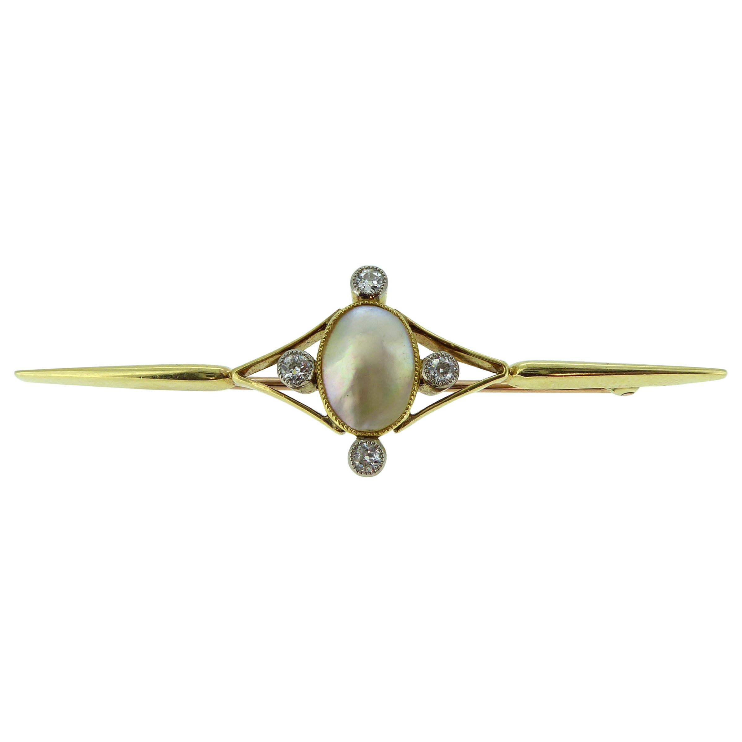 Antique 15 Carat Gold Pearl and Diamond Brooch