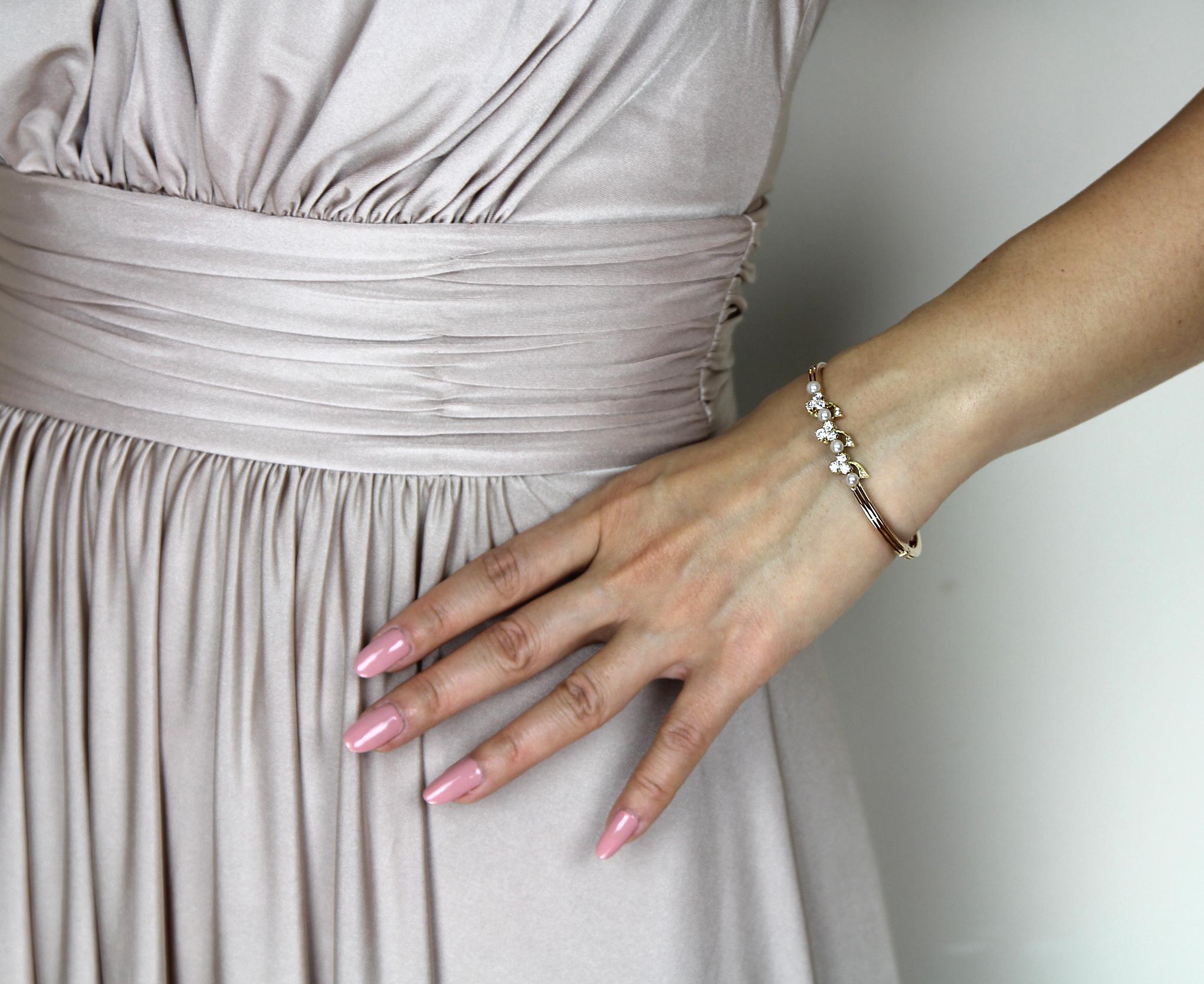 Victorian Antique 15 Carat Rose Gold Bangle with Old European Diamond and Sea Water Pearls For Sale