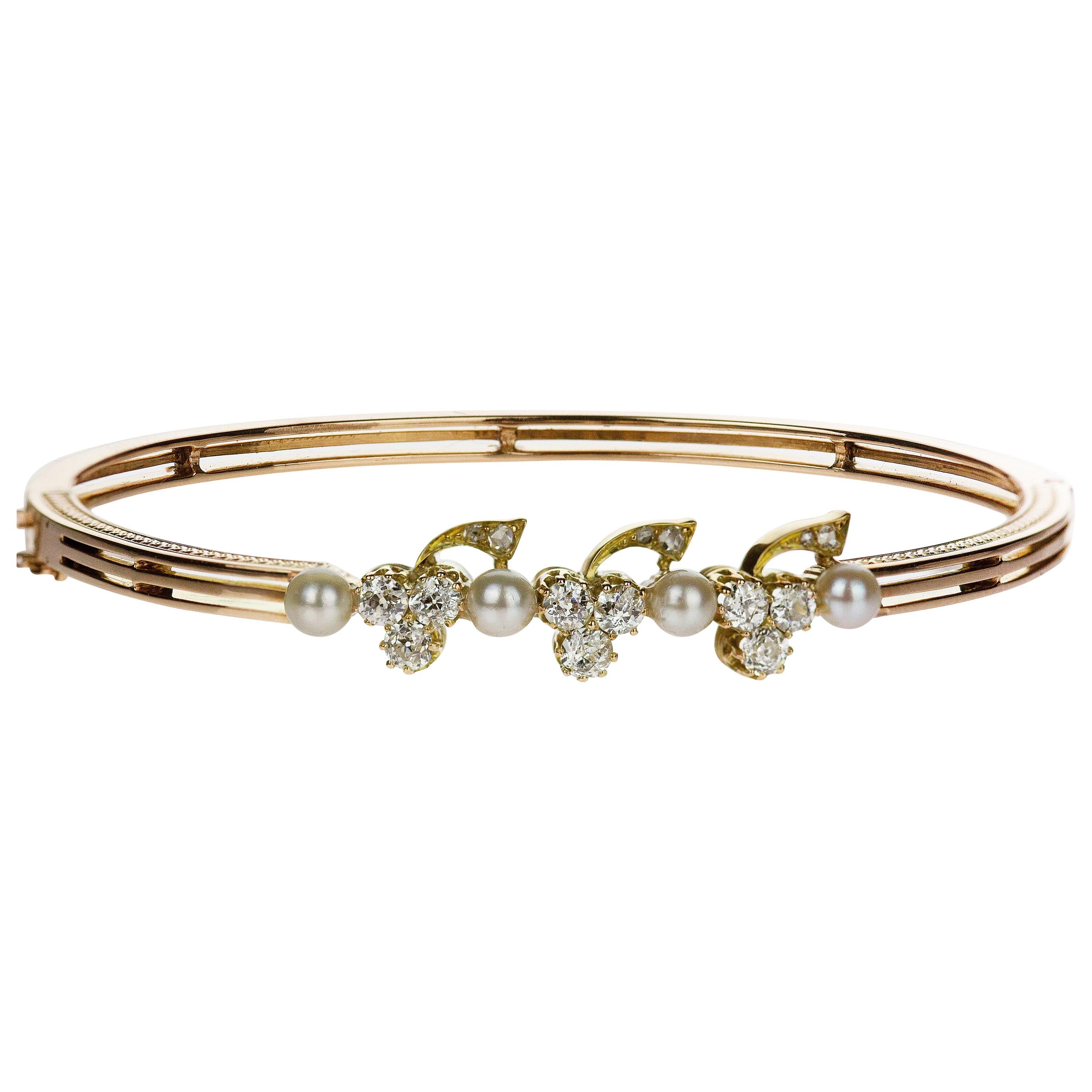 Antico bracciale in oro rosa 15 carati con diamante europeo antico e perle d'acqua di mare