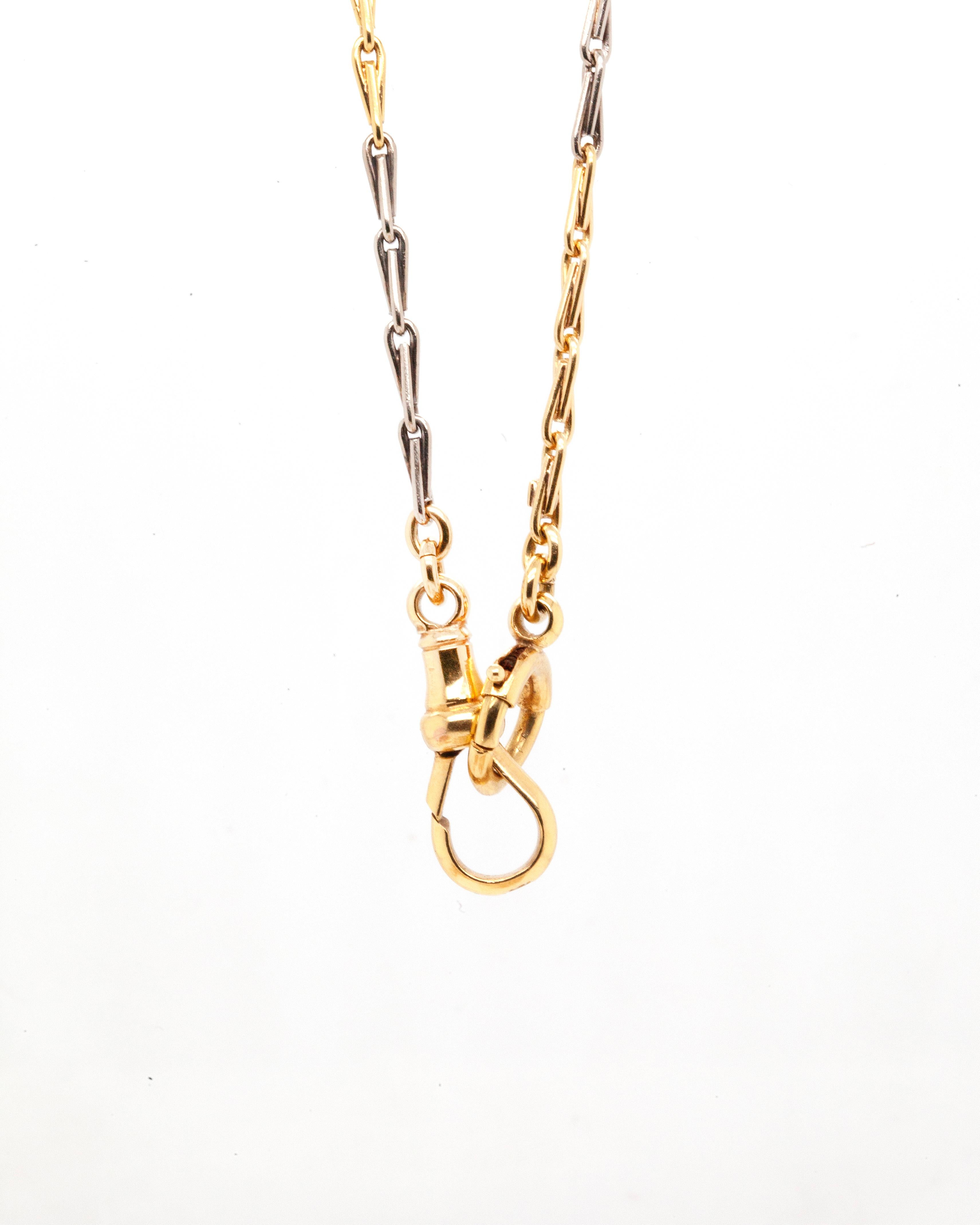Made famous by Prince Albert of England in the late 20th century, the Albert chains are one of the most versatile and loved pieces of jewellery.

This particular model is a very rare example of a two tone fancy link Albert chain.

Finely crafted 15