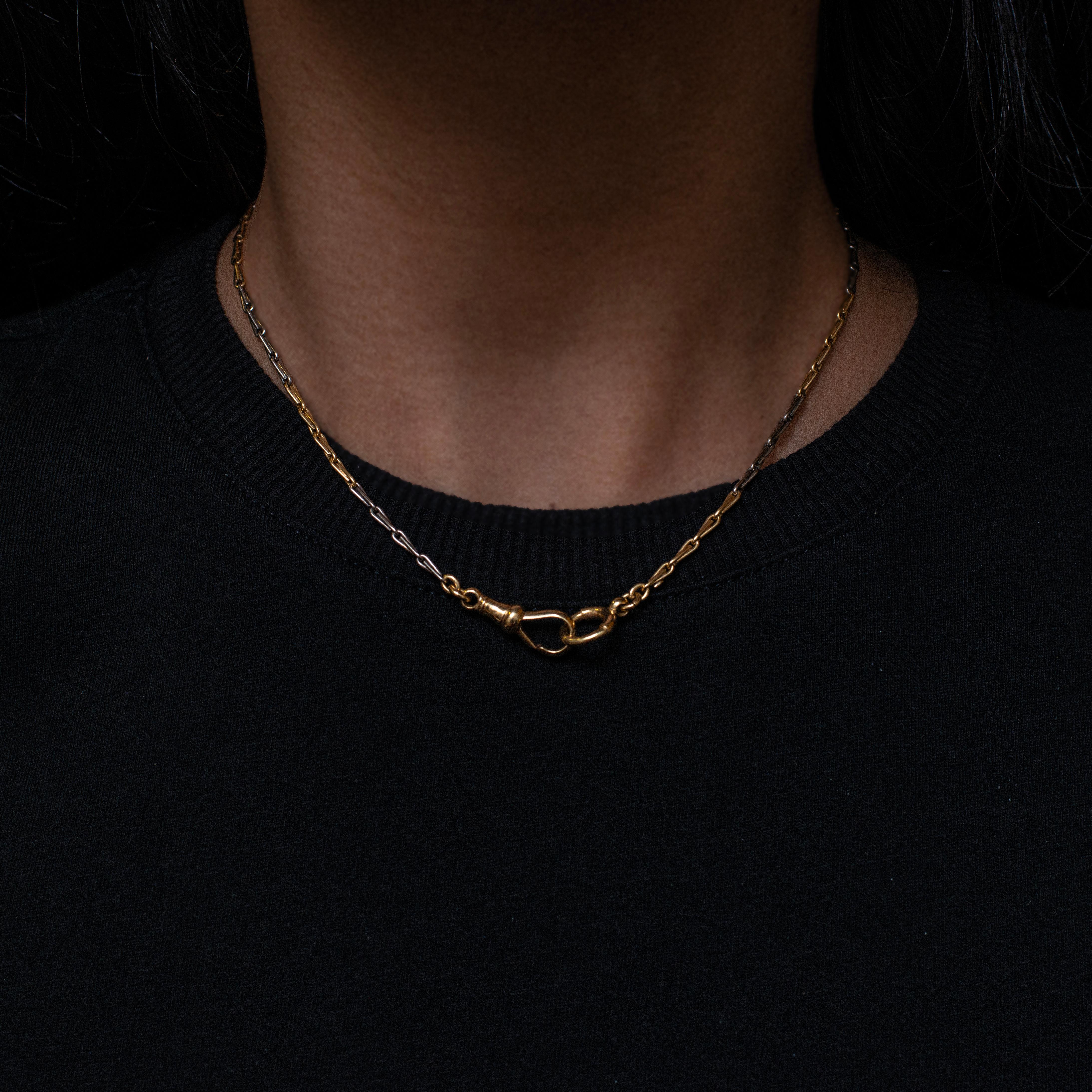 Women's or Men's Antique 15 Carat White & Yellow Gold Fancy Link Two Tone Albert Chain, c.1920's For Sale