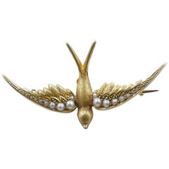 Antique 15 Carat Yellow Gold and Seed Pearl Australian Sparrow Brooch